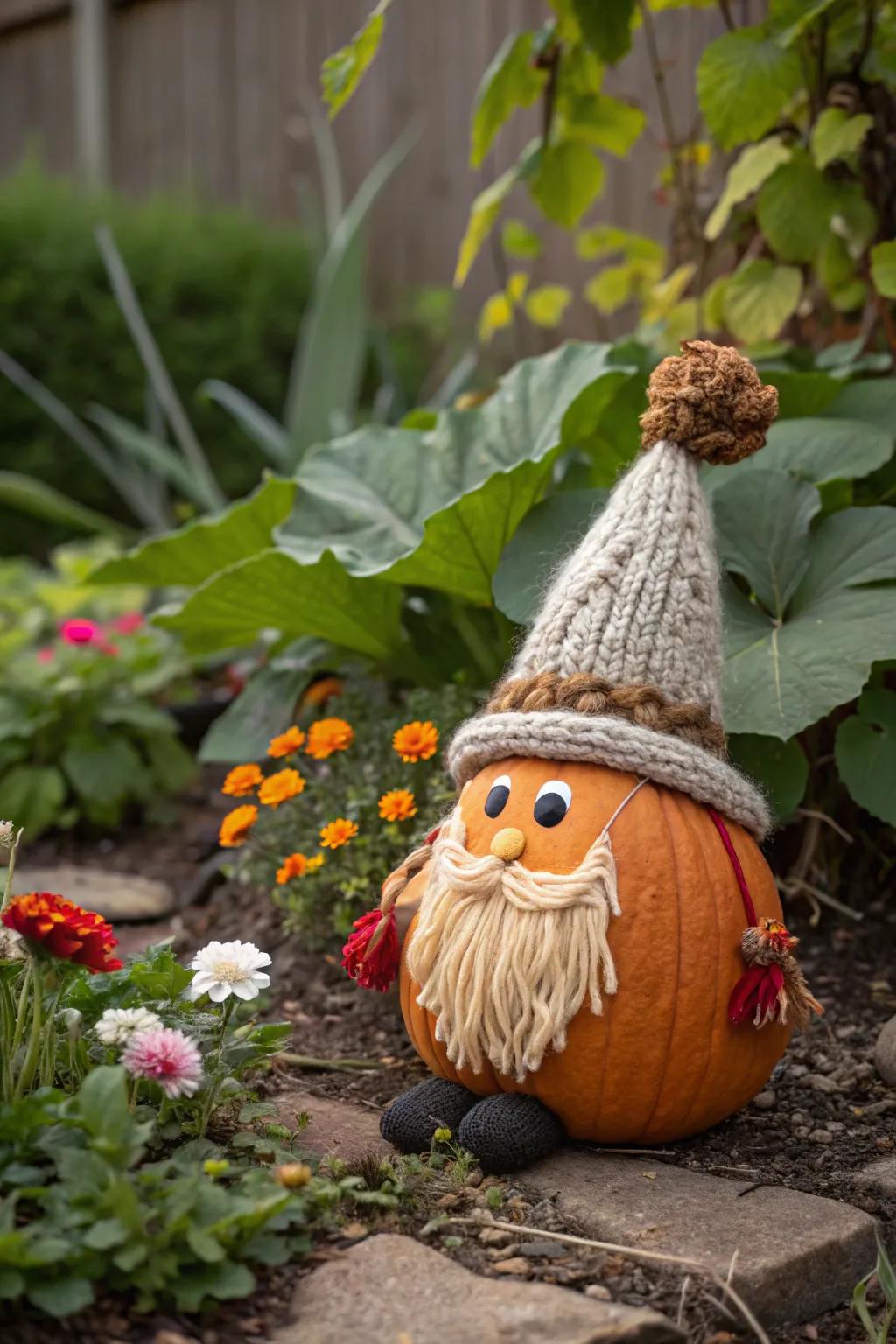 Delightful gnome pumpkin bringing charm to the garden.