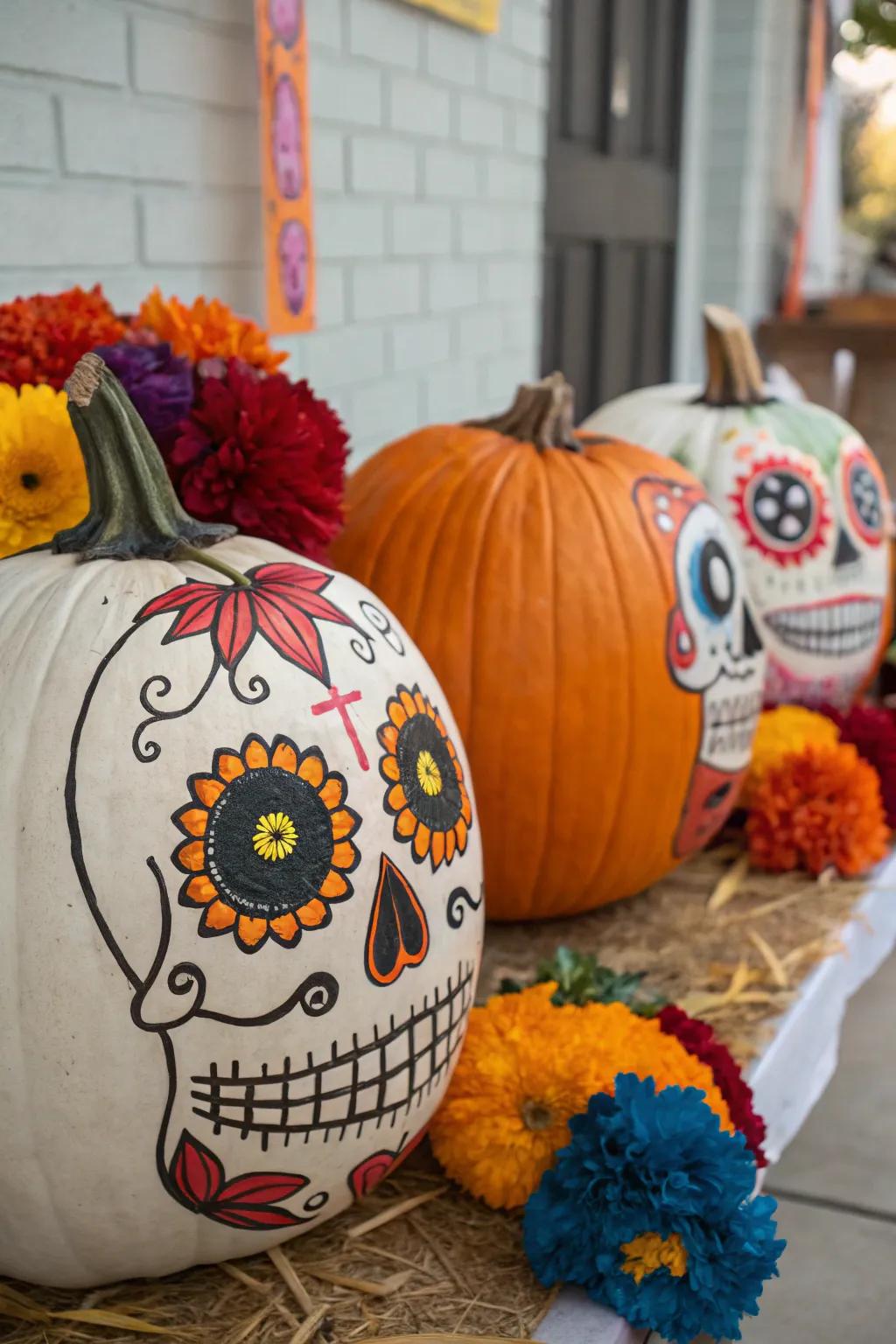 Day of the Dead-inspired pumpkins add cultural flair to your decor.