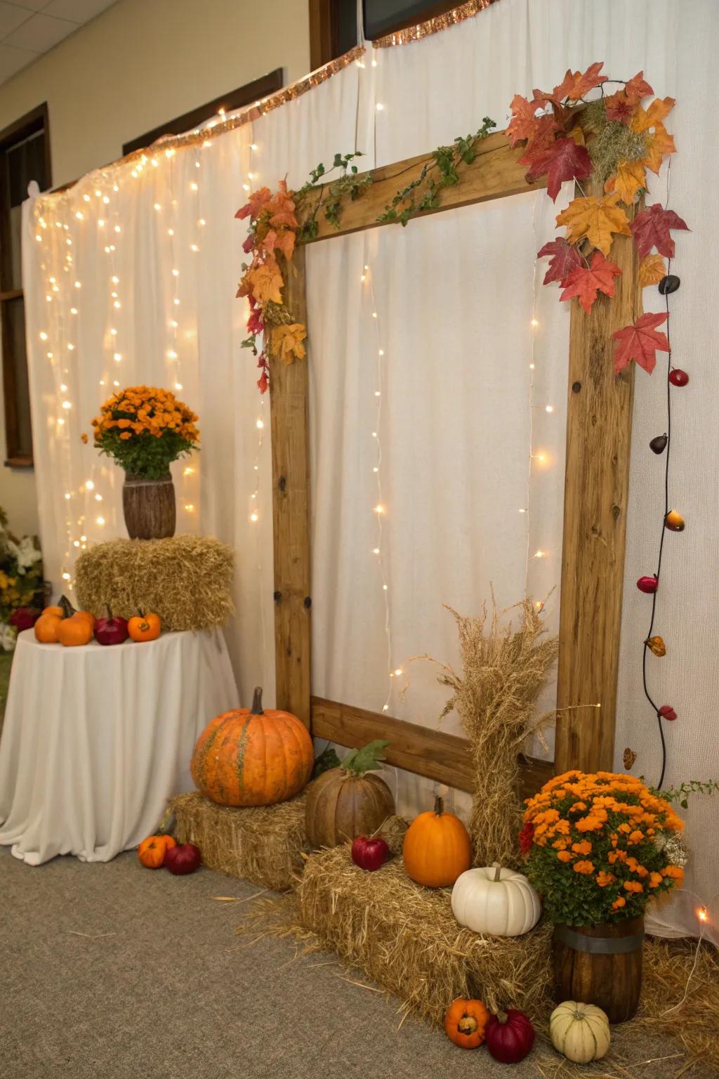 A festive photo booth scene featuring gourds.