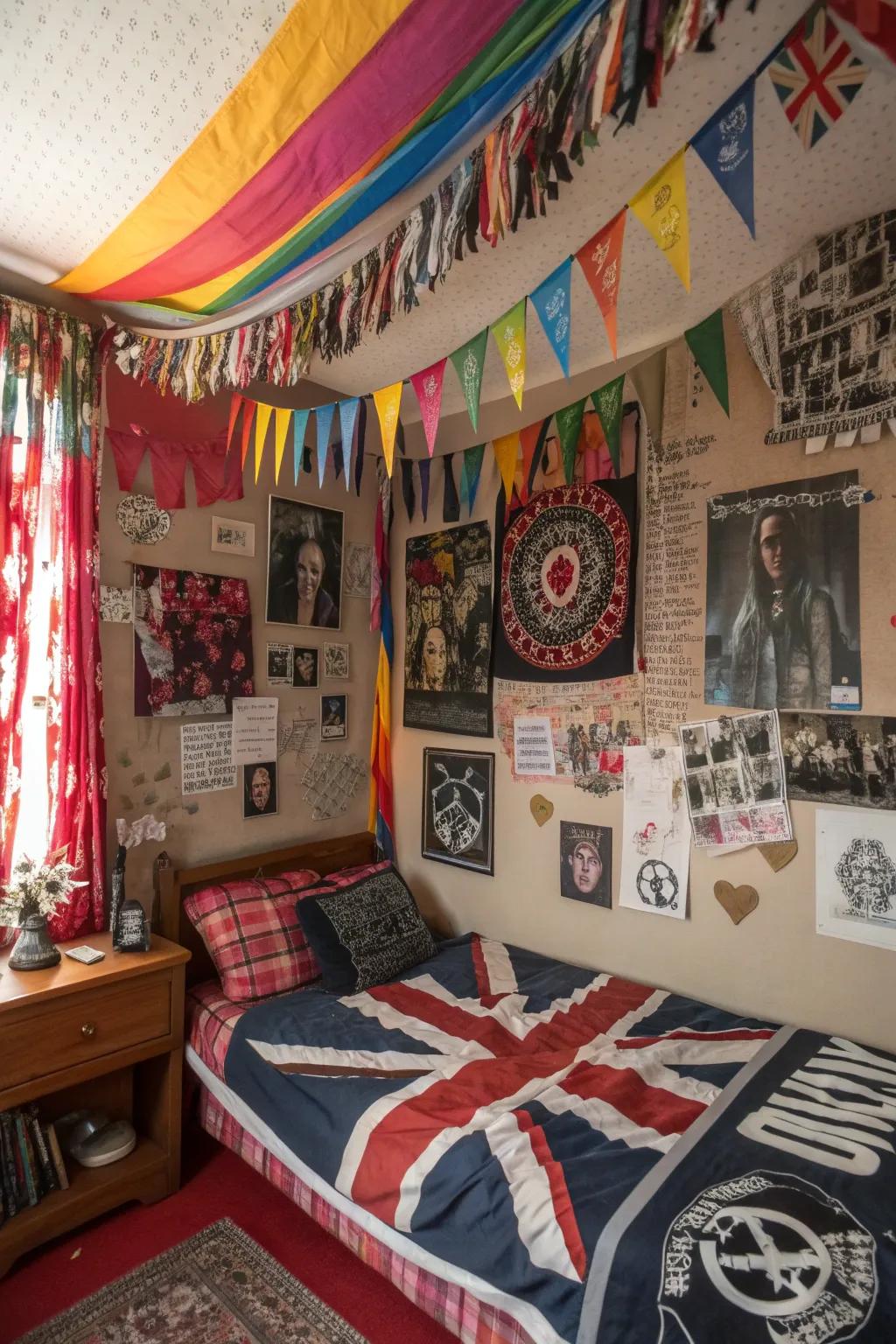 Introduce motion and color through emblems and fabric banners.