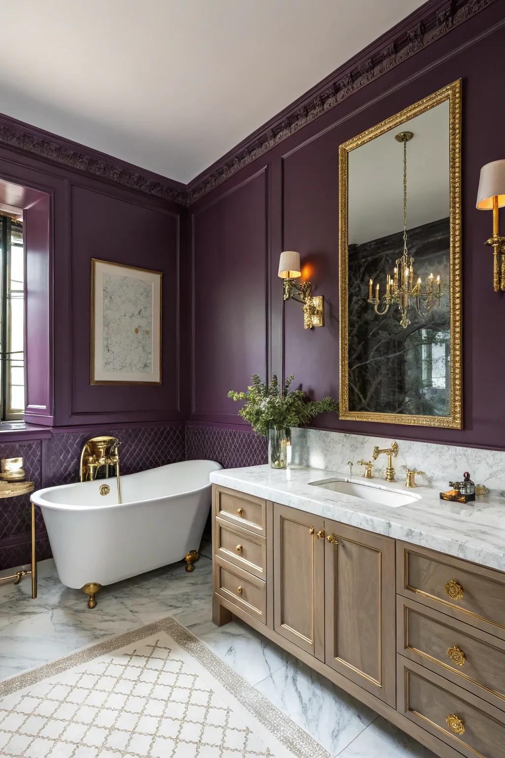 An opulent washing space showcases deep purple walls and gilded features.