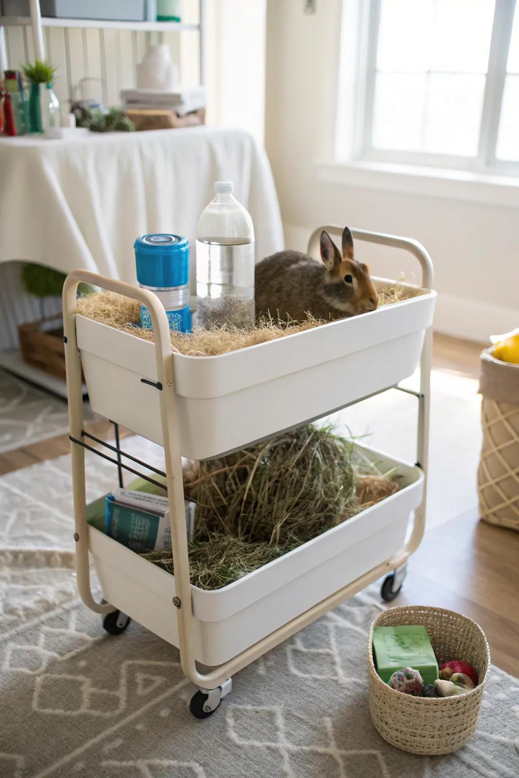 A rolling cart organizes hay on the go, making storage mobile.