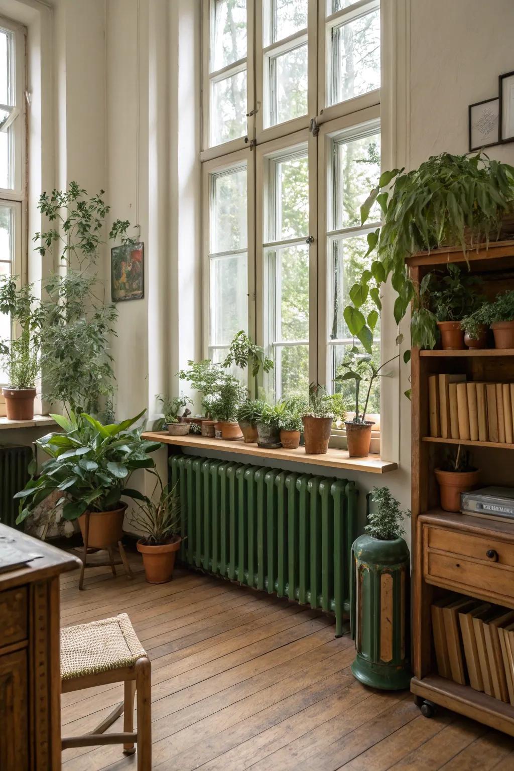 Woodland green radiators add natural peace.