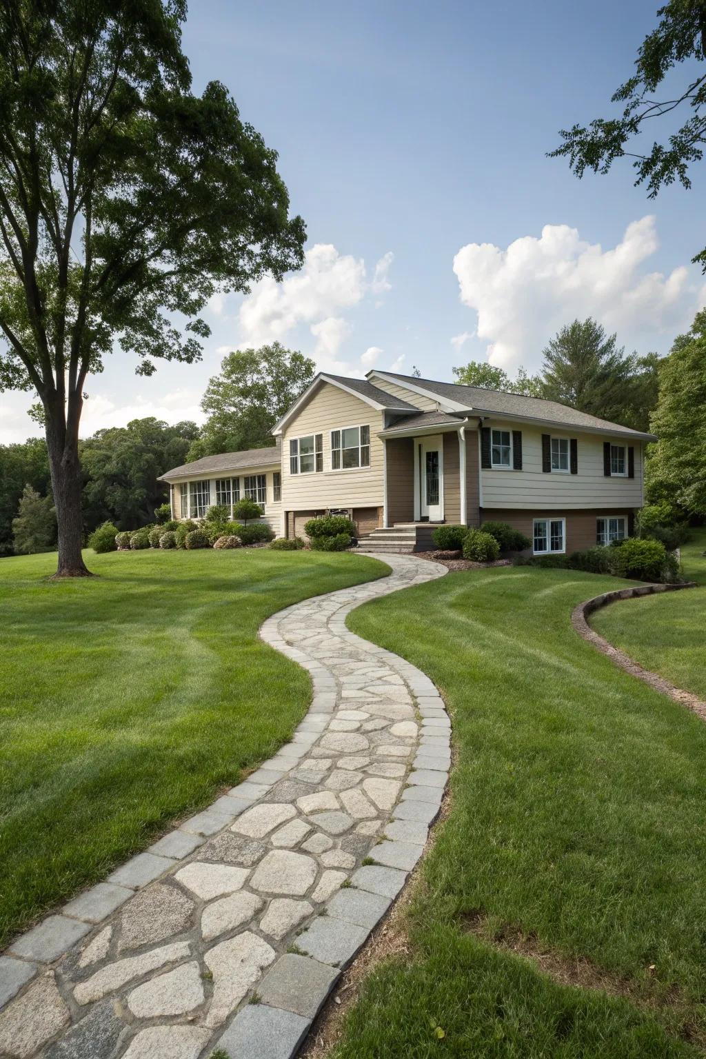 An artistic walkway leading to the entrance of a raised ranch.