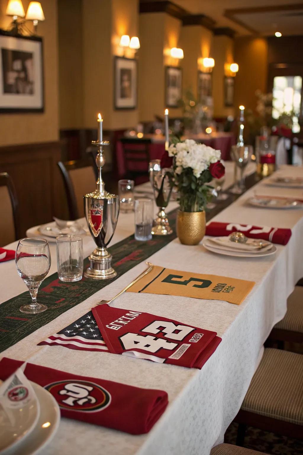 A <strong><em>rally towel</em></strong> table accent introduces a cheerful mood.” loading=”lazy” class=”pimg”>
	</picture><figcaption>A <strong><em>rally towel</em></strong> table accent introduces a cheerful mood.</figcaption></figure>
<p>Sew multiple towels together to form a vivid runner, well-suited for a sports-oriented celebration or as regular dining area ornamentation.</p>
<h3>A few choices to try:</h3>
<ul class=