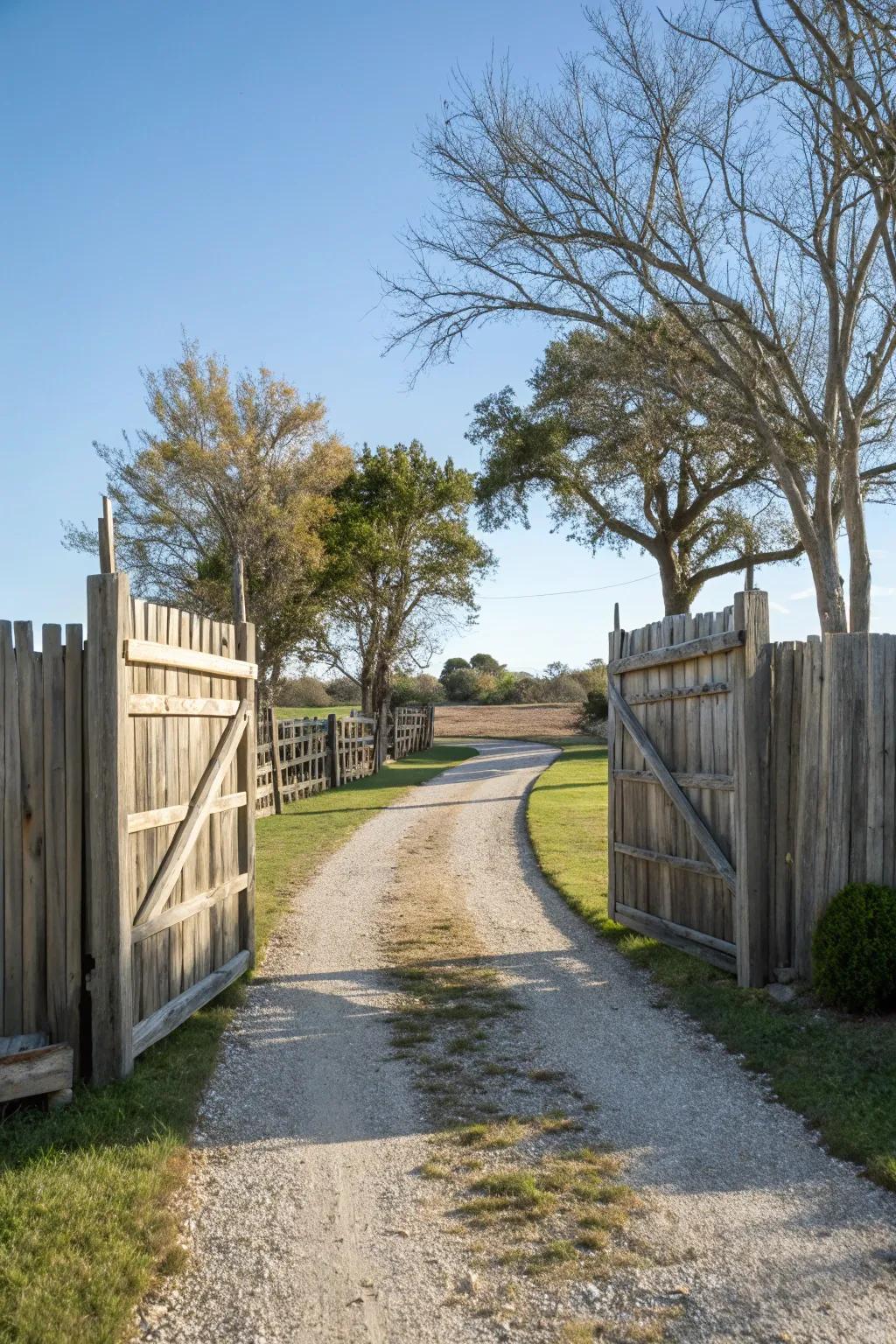 A charming barrier frames a welcoming driveway entrance.