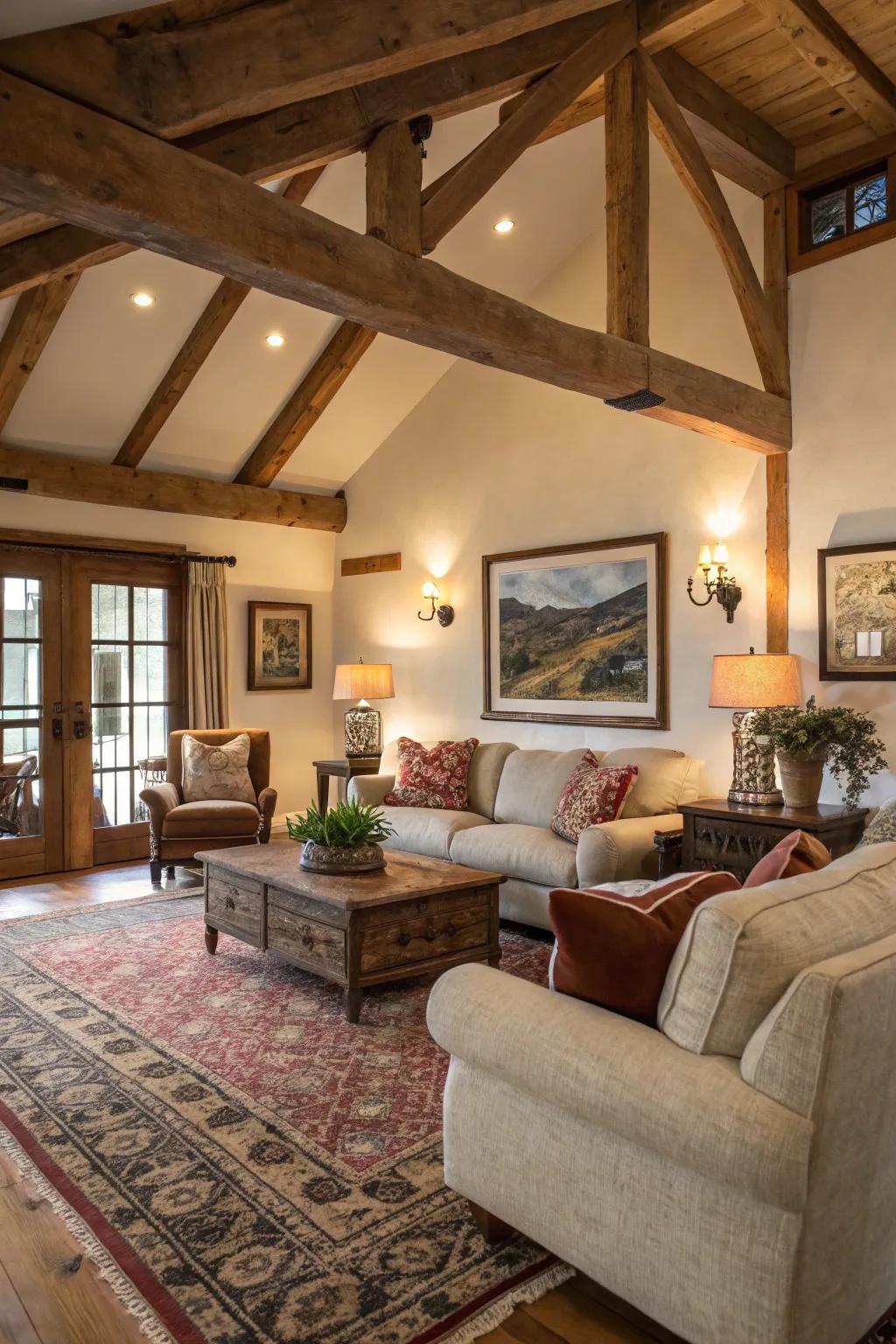 Exposed timber beams infuse country-style charm into this ranch house's interior.