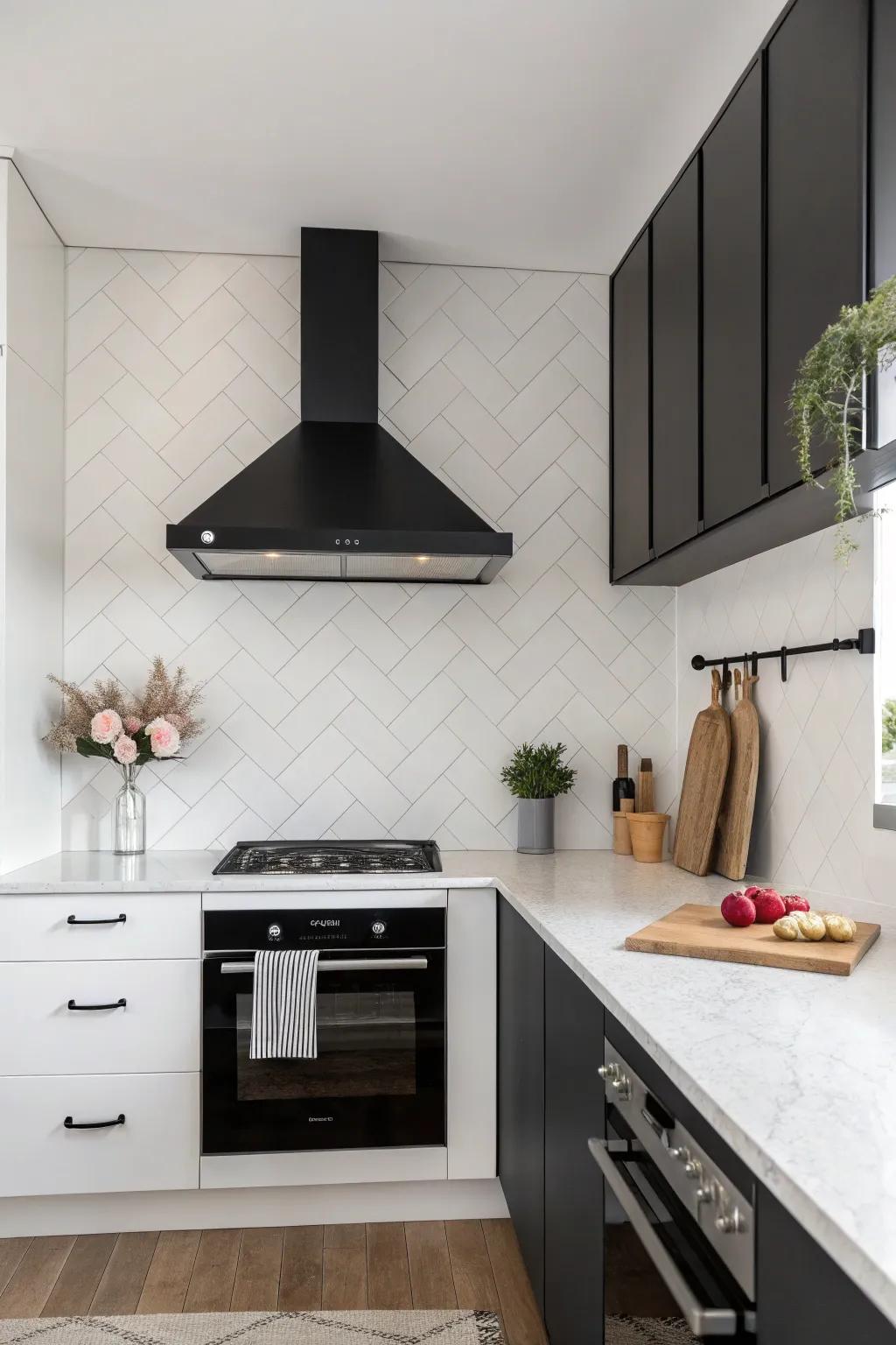 Minimalist kitchen featuring a vent hood and matching backsplash in black and white for a streamlined vibe.