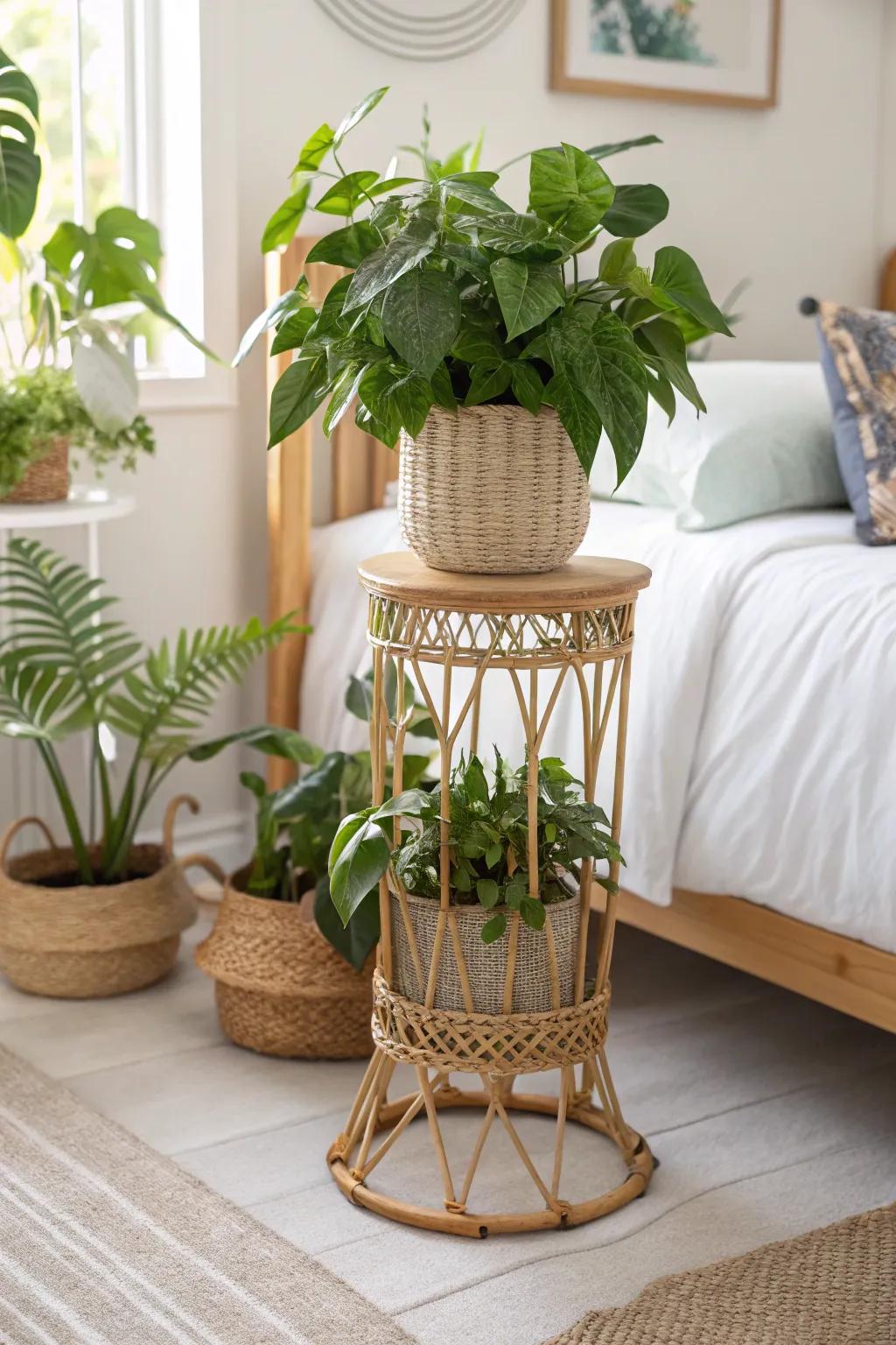A rattan plant stand introduces vegetation and texture to your room.