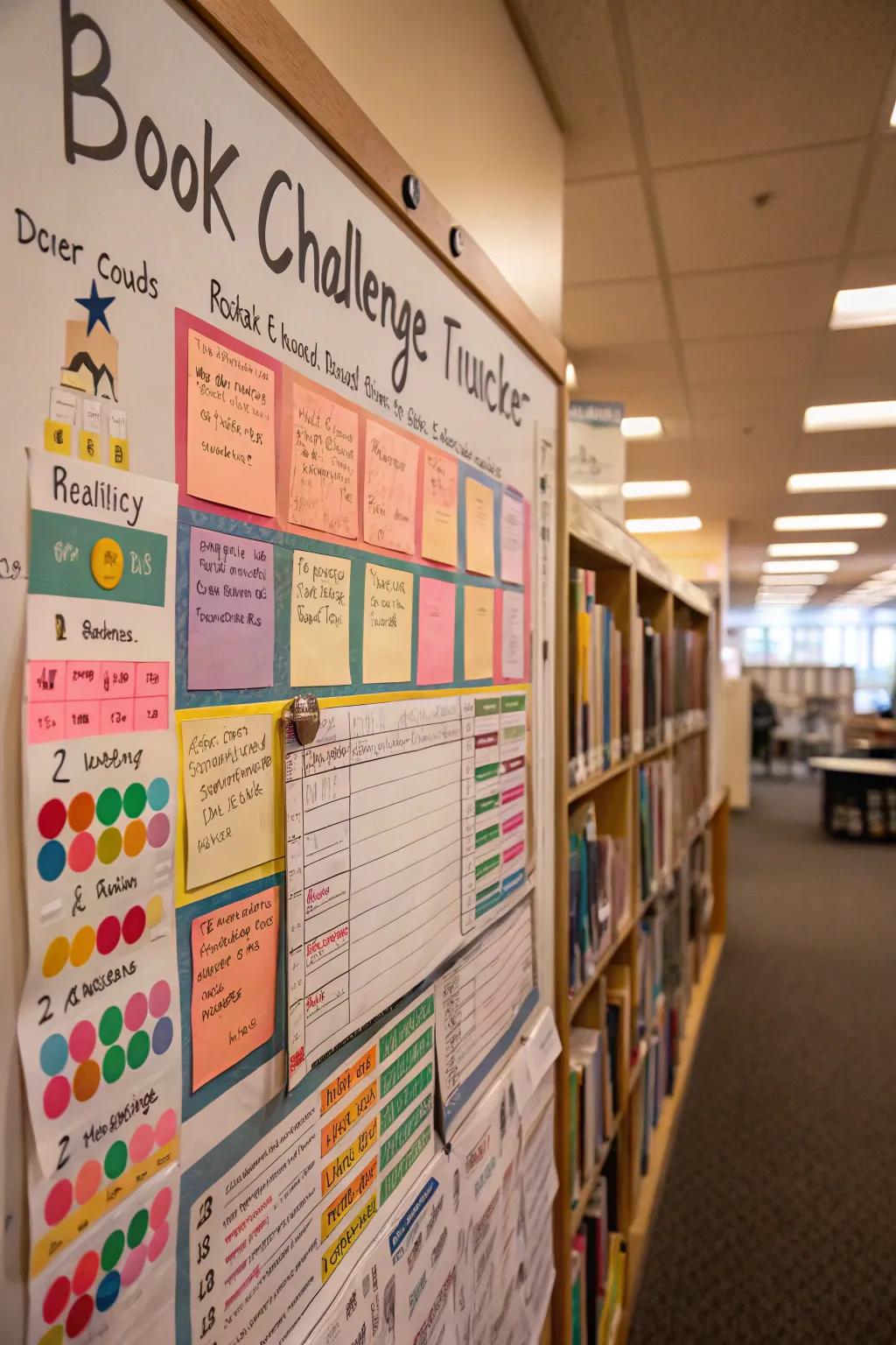 An interactive book challenge board motivates readers to achieve their reading goals.