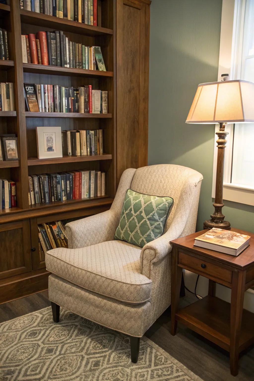A small corner reimagined as a warm reading nook.
