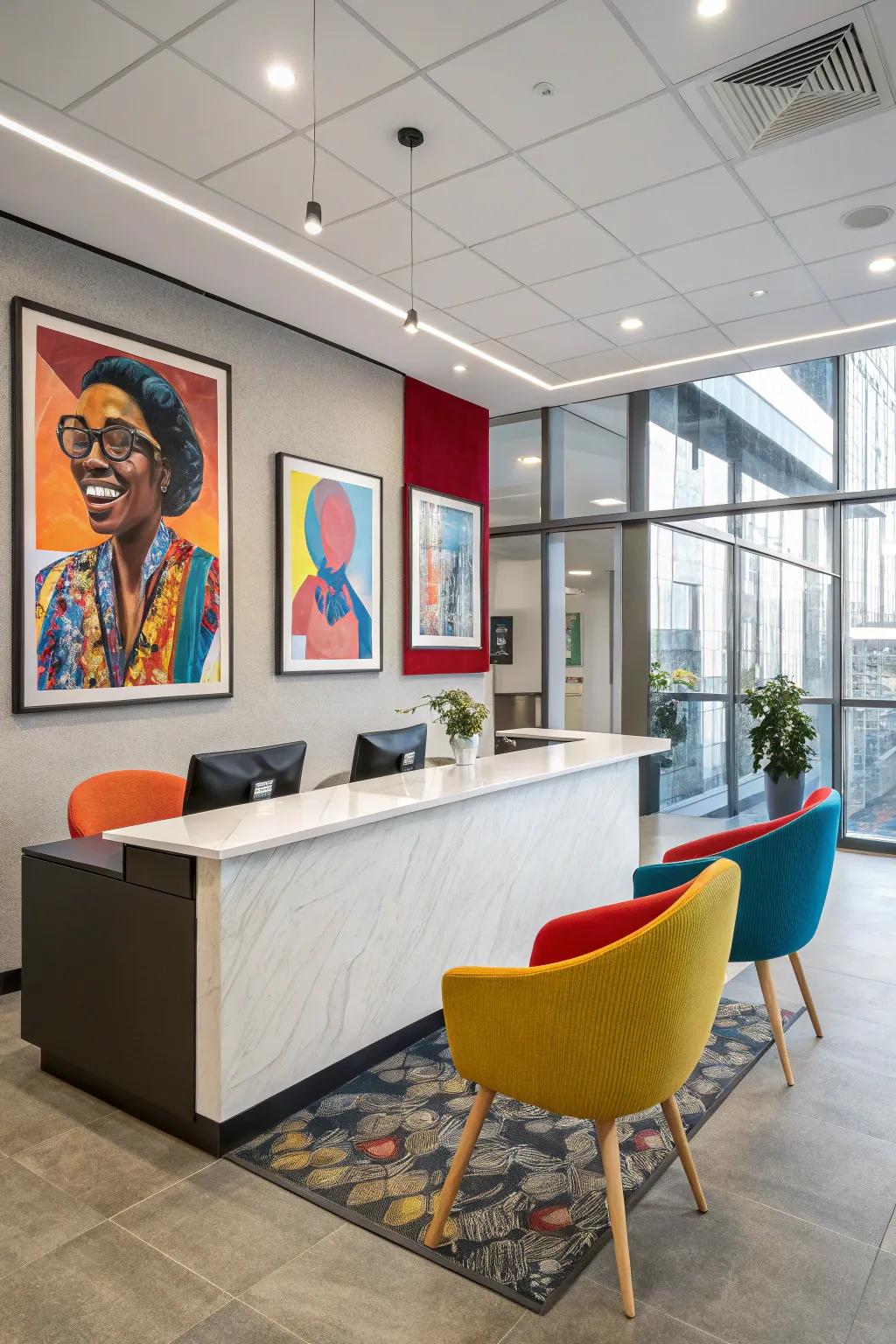 A bright reception area with splashes of color.