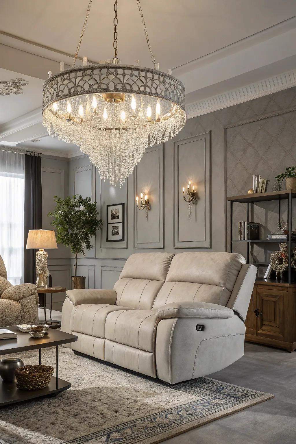 A beautifully lit living room enhanced by a statement lighting fixture above the recliner sofa.