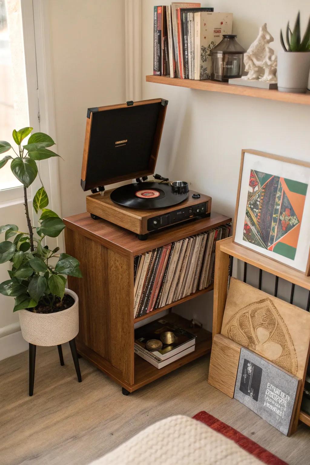 A compact corner arrangement for a record player and vinyl collection.