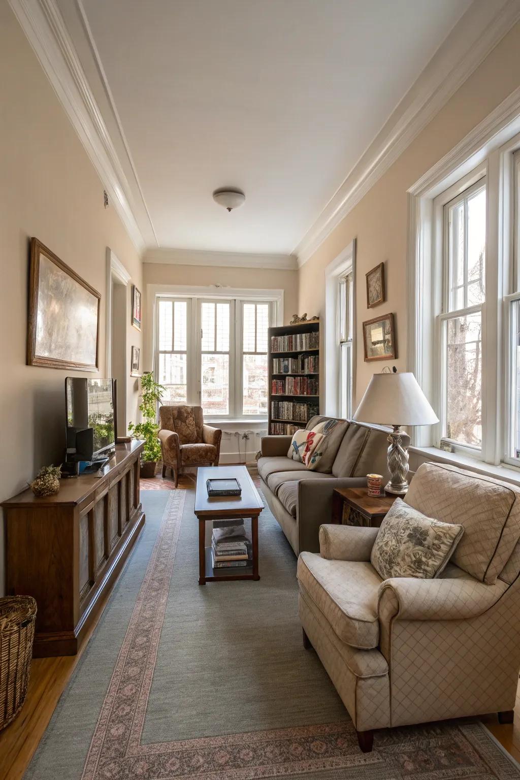 The room seems wider when furniture is arranged crosswise.