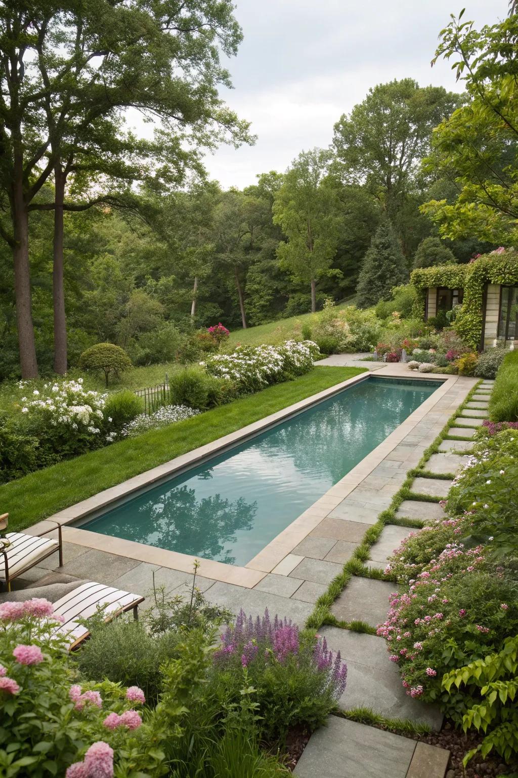 The pool blends seamlessly into the garden landscape.