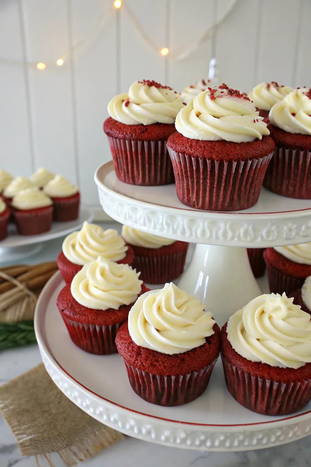 Red velvet cupcakes offer a delightful and striking pastry choice.