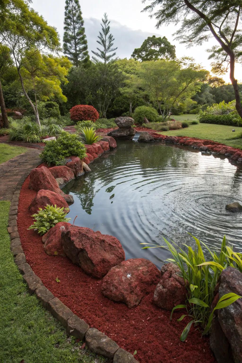 Crimson volcanic stones heighten the innate splendor of a garden pond.