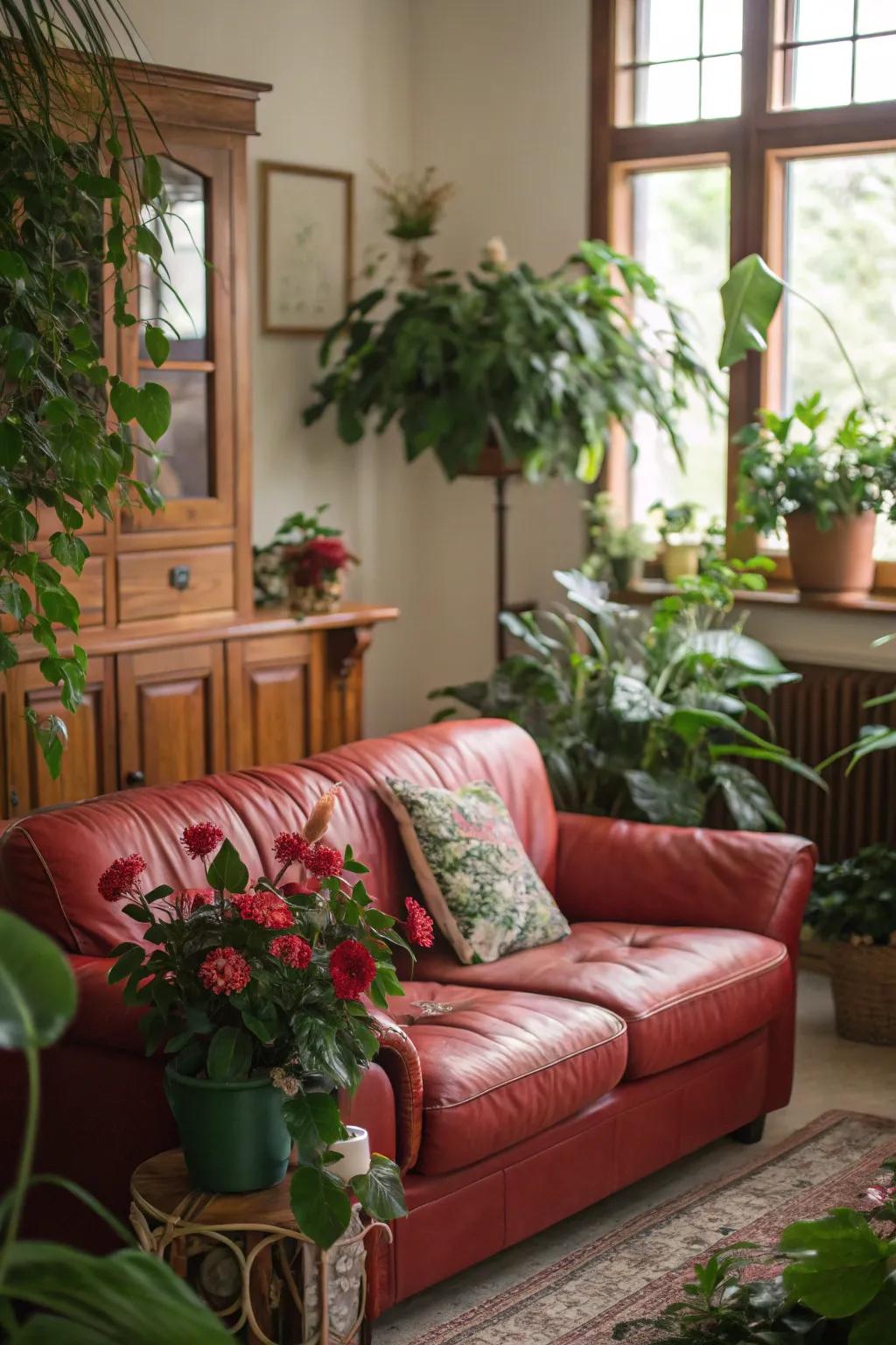 Plant life introduces a revitalizing contrast to a family room featuring a crimson hide sofa.