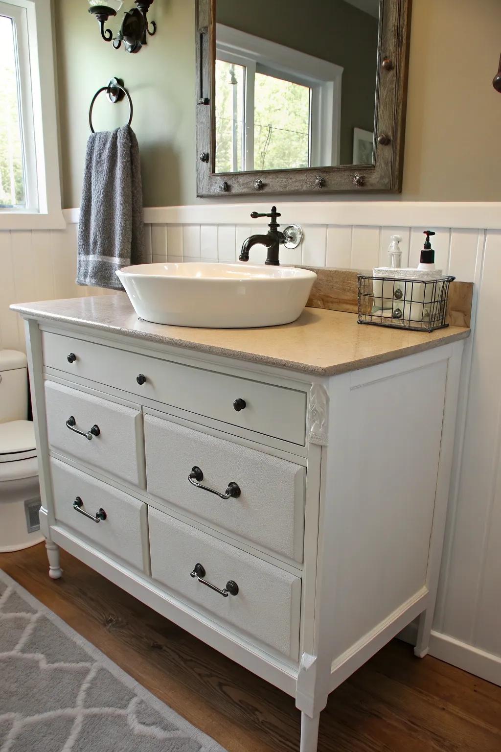 A repurposed dresser vanity enhances charm and functionality.