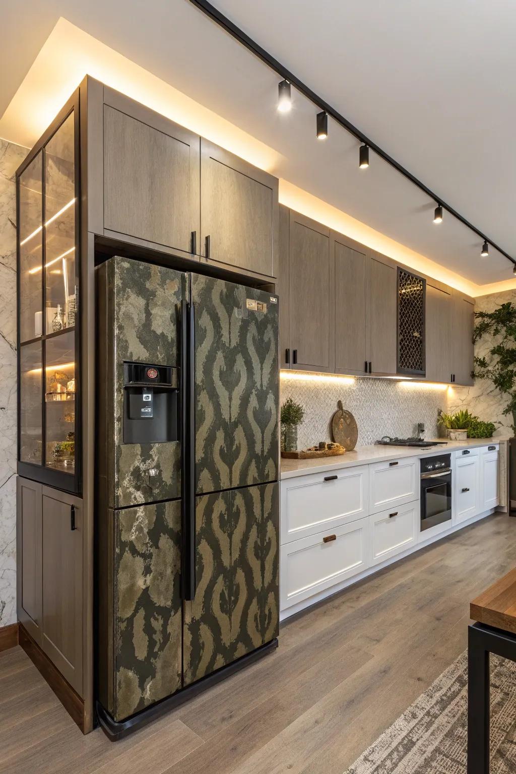 A hidden refrigerator flawlessly blends into the kitchen cabinetry.