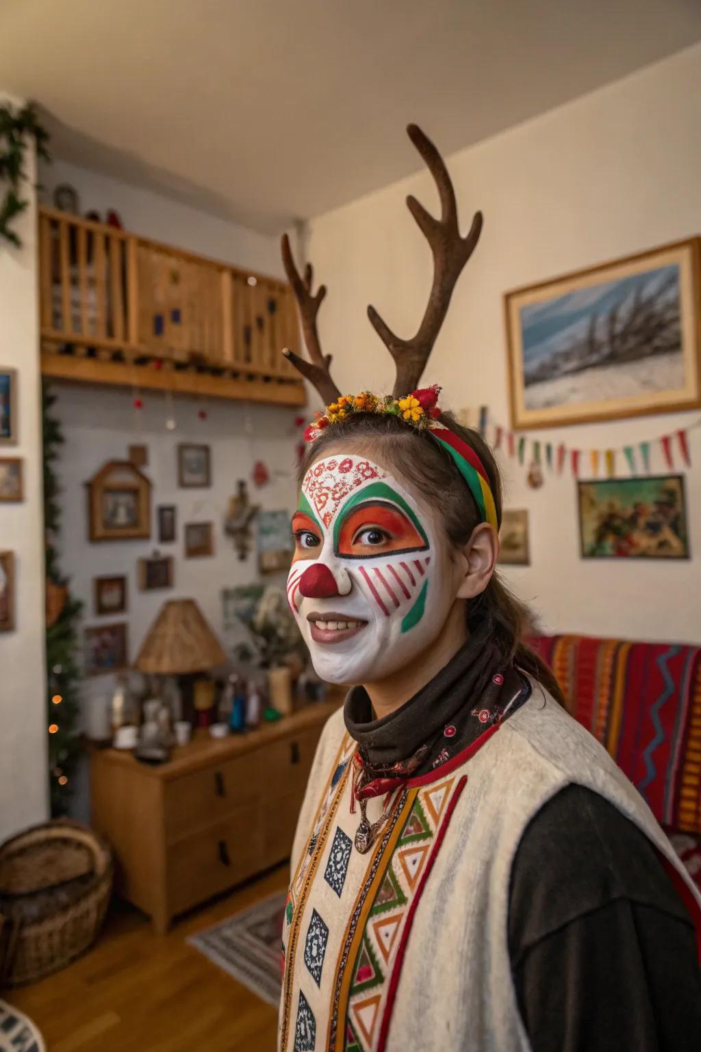 Cultural patterns personalize the reindeer face paint uniquely.
