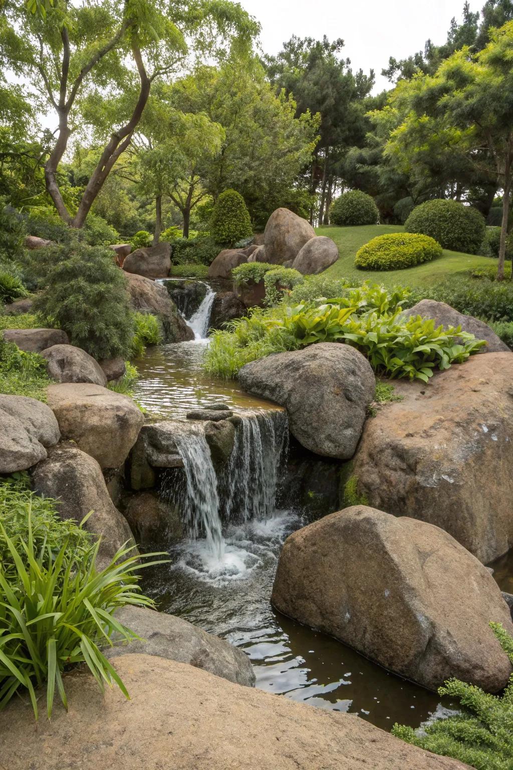 Stone water features spawn a serene garden ambiance.