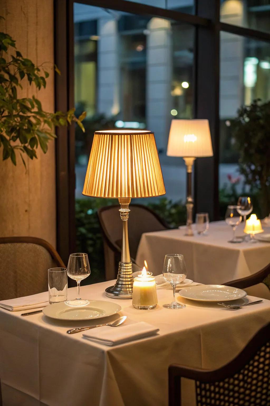 LED table lamp simulating candle light on an intimate restaurant table arrangement.