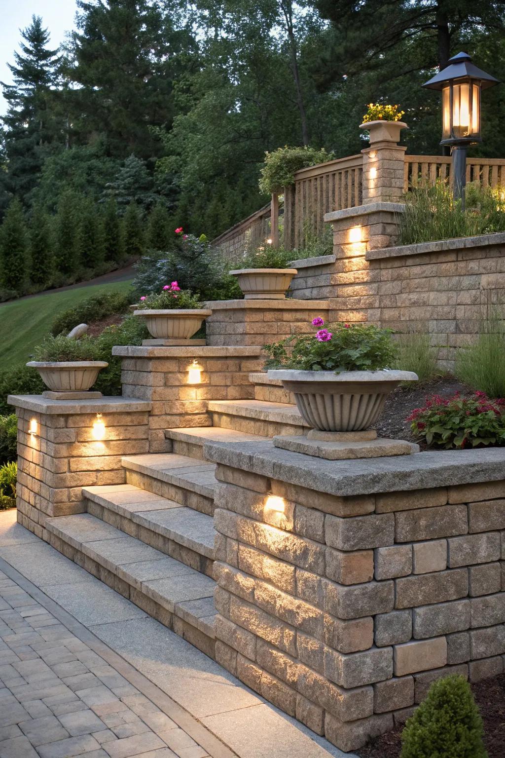 Tiered caps give dynamic layers to retaining walls.