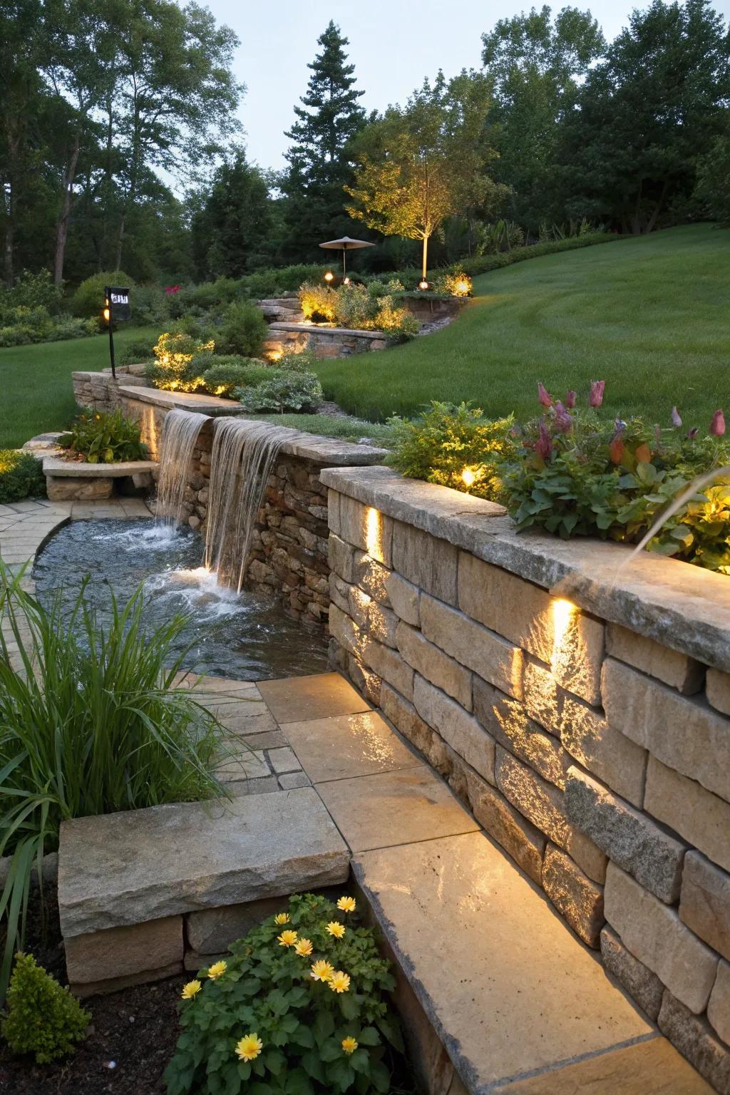 A waterfall feature brings peace to your retaining wall.