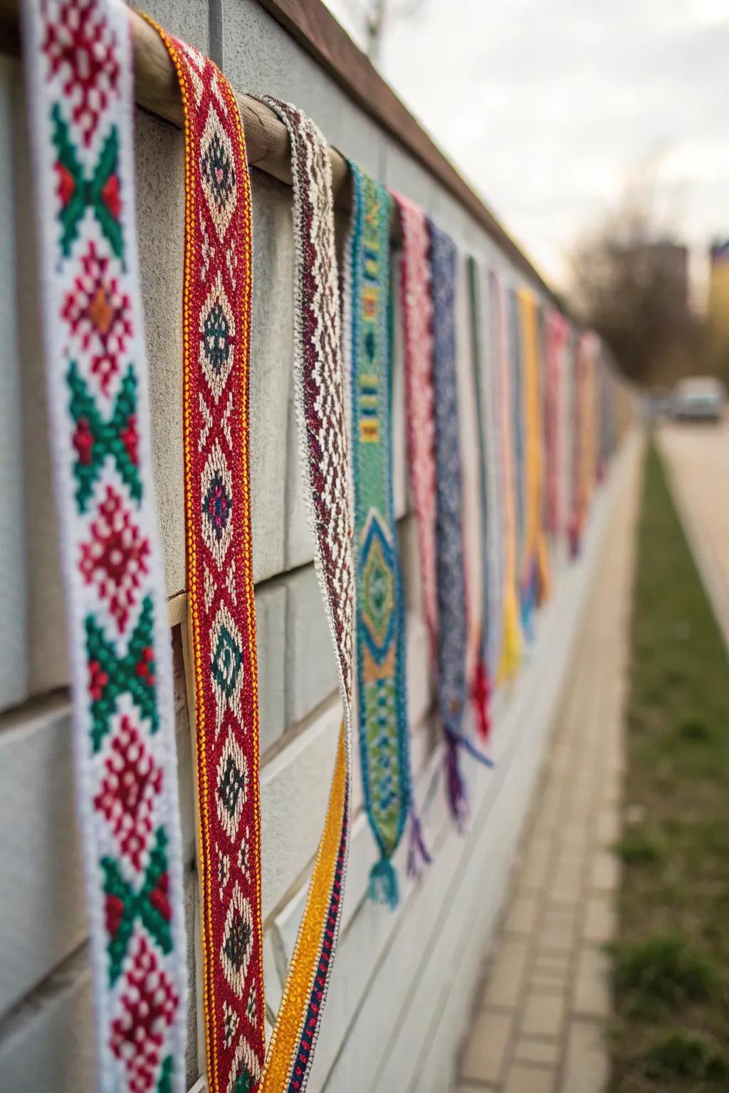 Craft a tapestry impression using woven fabric strips.