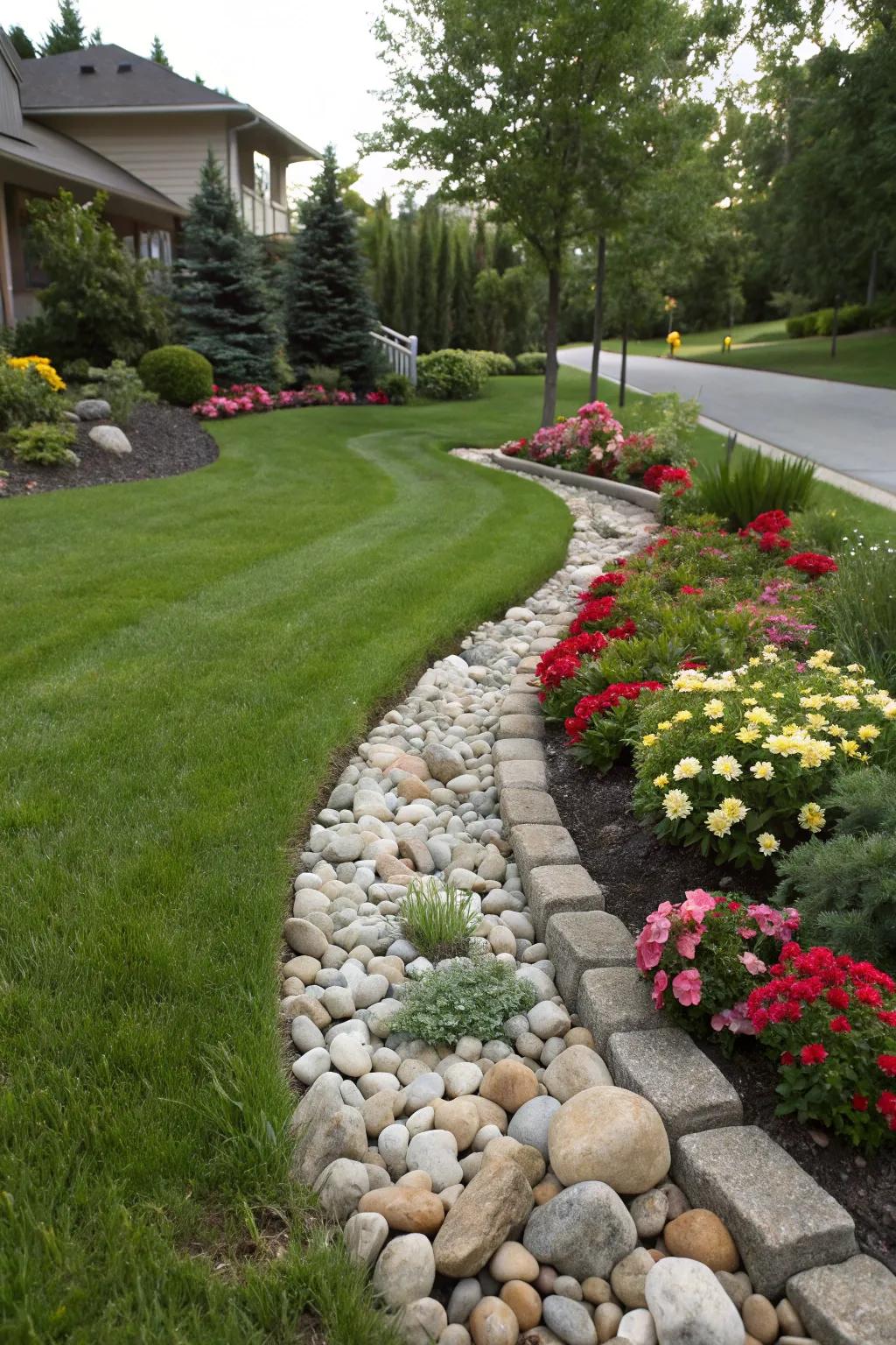 Stream stone bordering defines and enhances the charm of lawn and lawn plot areas.