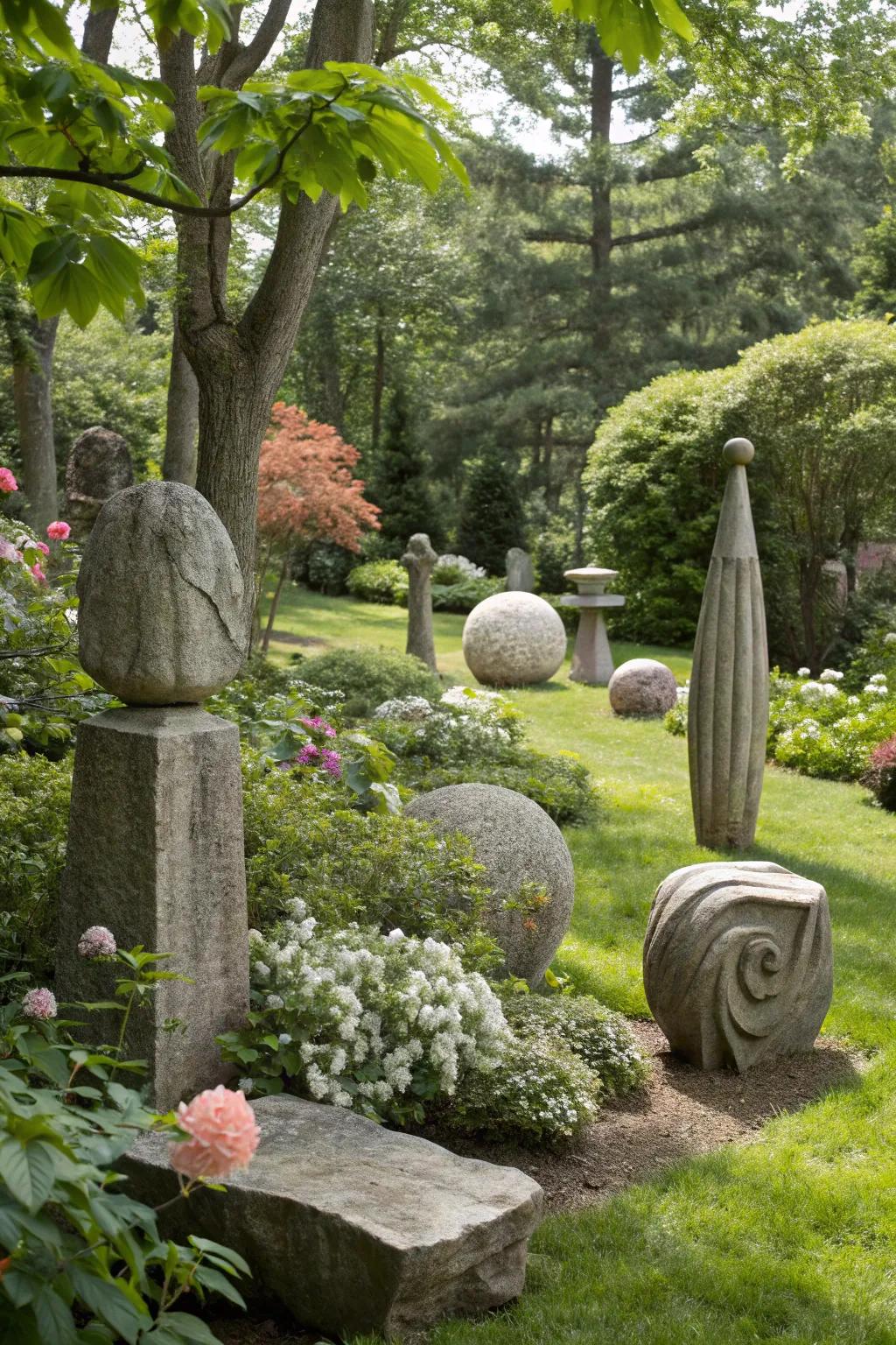 Abstract stone sculptures adding an artistic element to a garden.