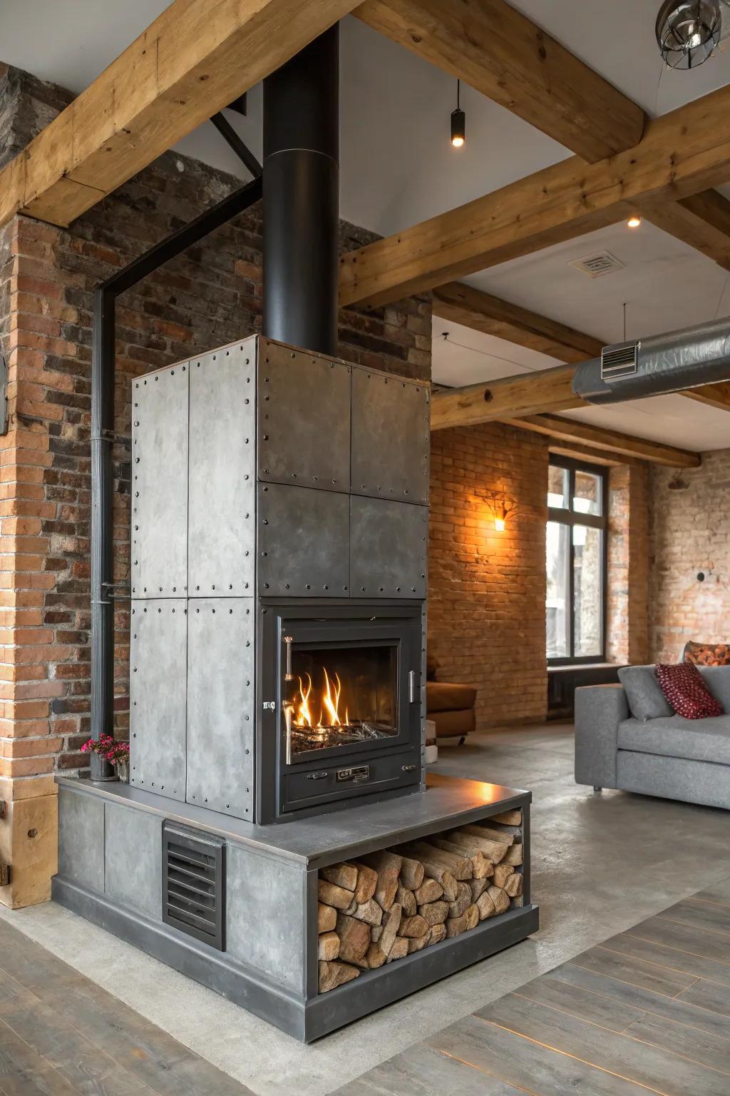 Industrial-style fireplaces fill loft spaces with edgy sophistication.