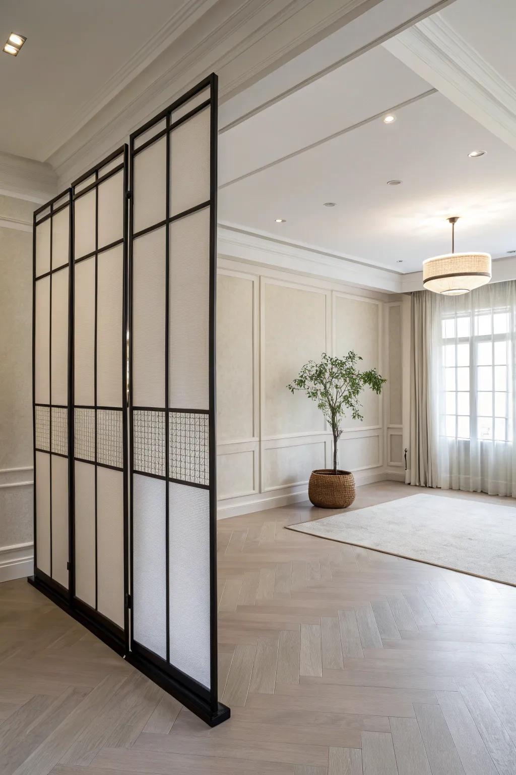 A minimalist room showcasing a sleek partition wall divider with sharp lines.