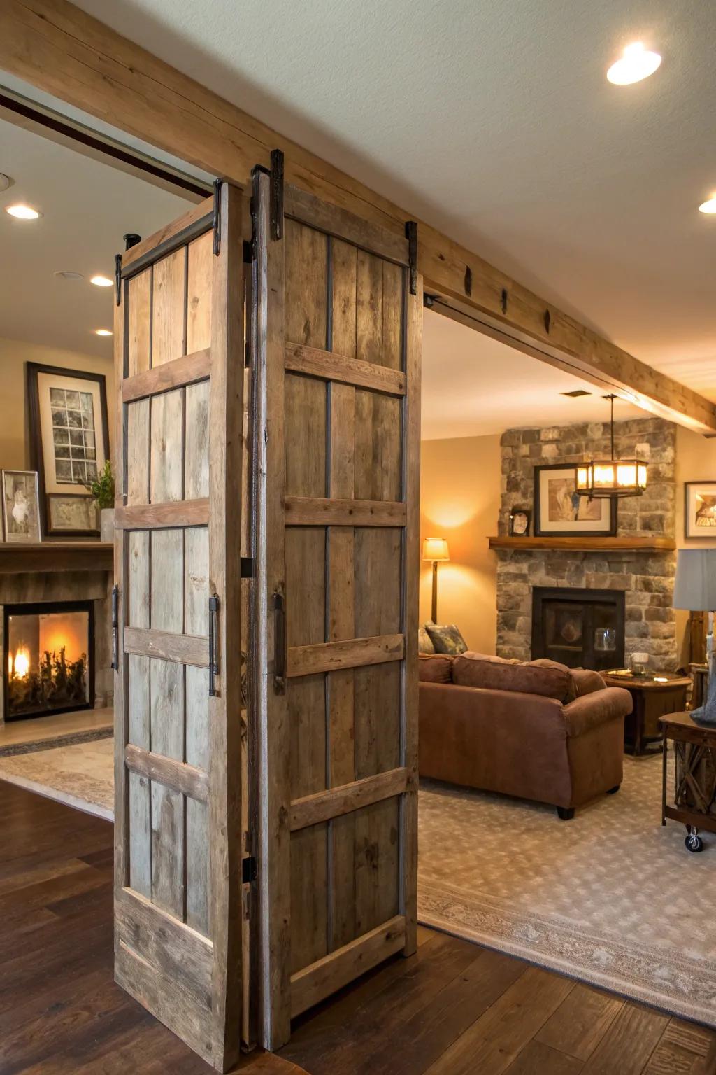 Reclaimed doors provide an environmentally conscious and charming room divider solution.