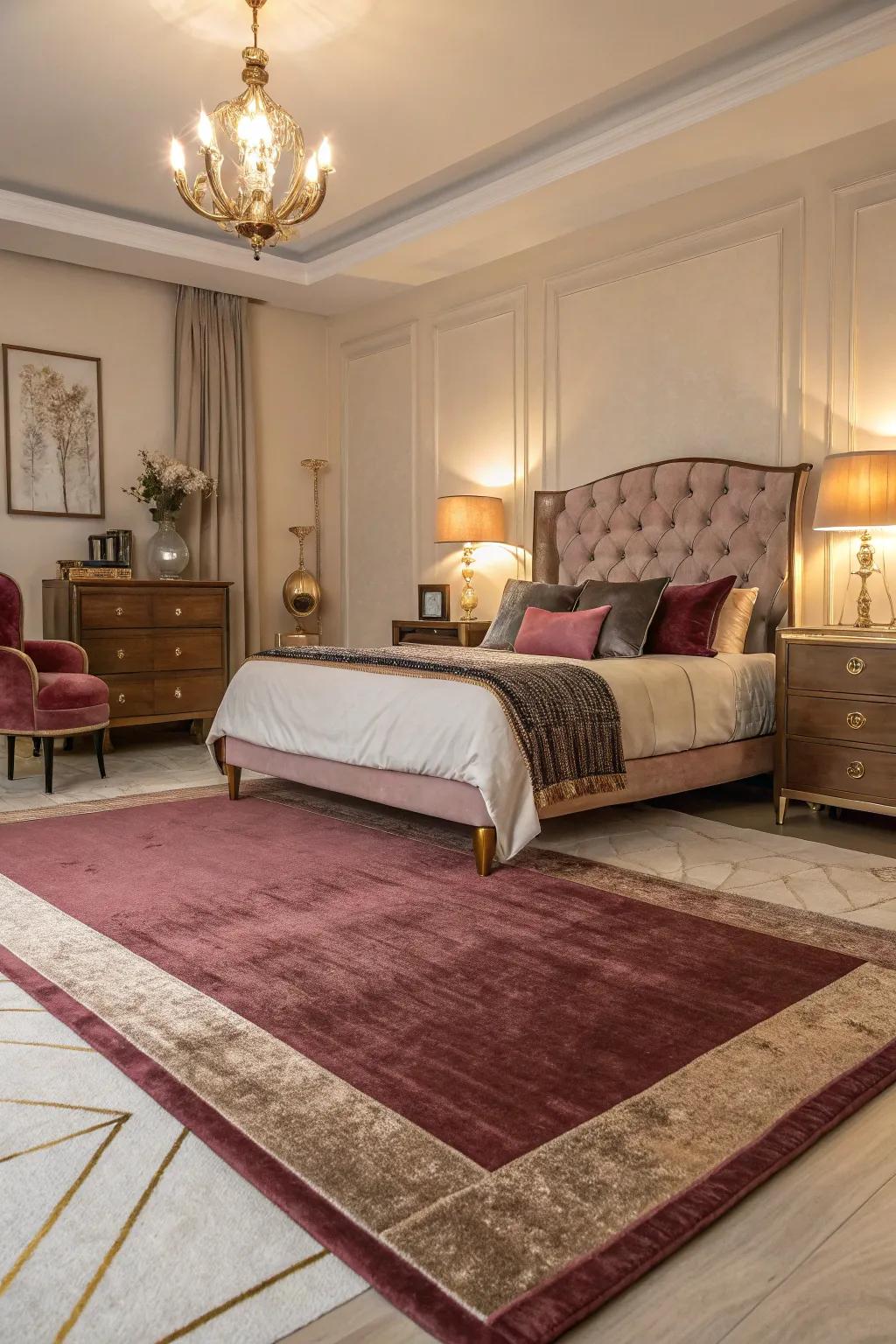 A burgundy and gleaming gold area rug anchors the space and injects cozy texture.