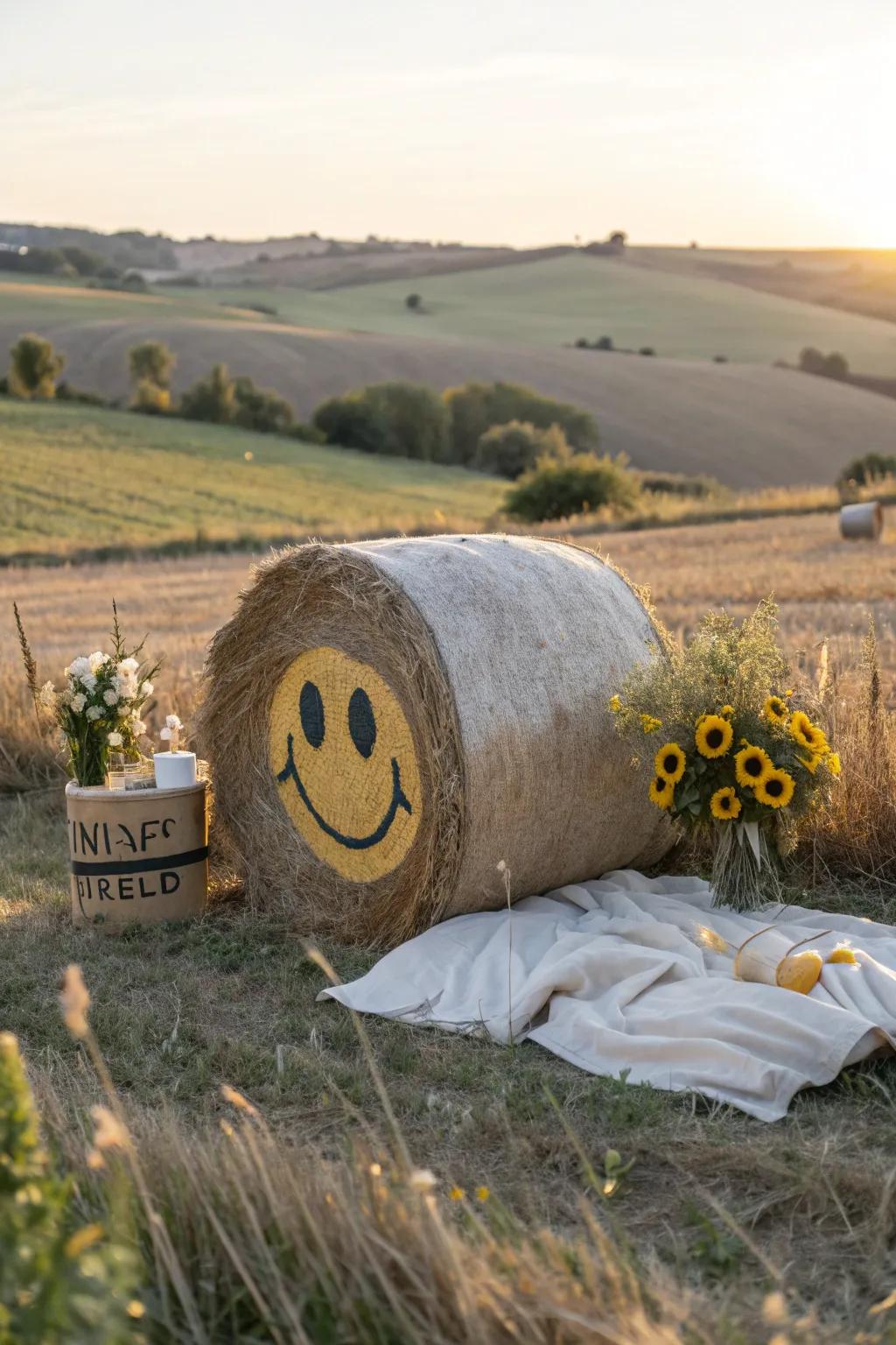 Disseminate grins and amusement through hay bales adorned with playful and expressive emoji visages.