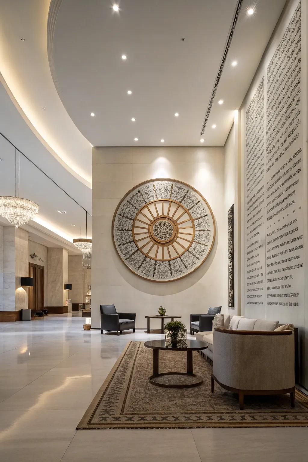 Spacious room with a large circular statement piece creating impact.