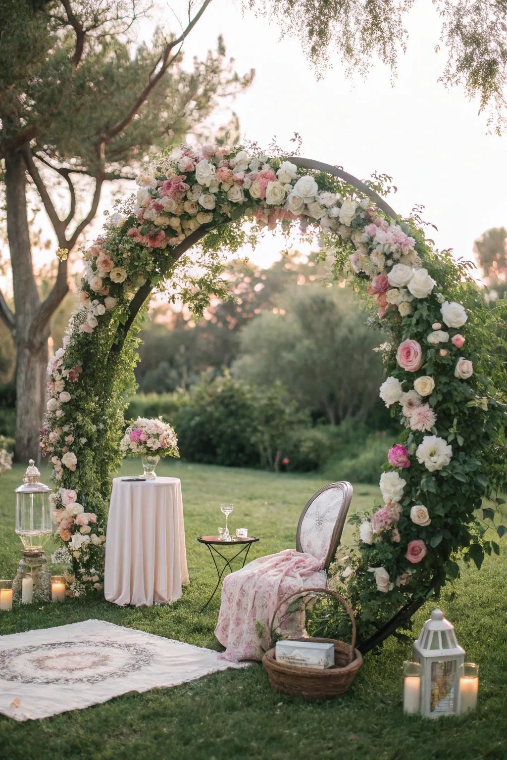 A vintage-inspired circular wedding arch featuring pastel tones.