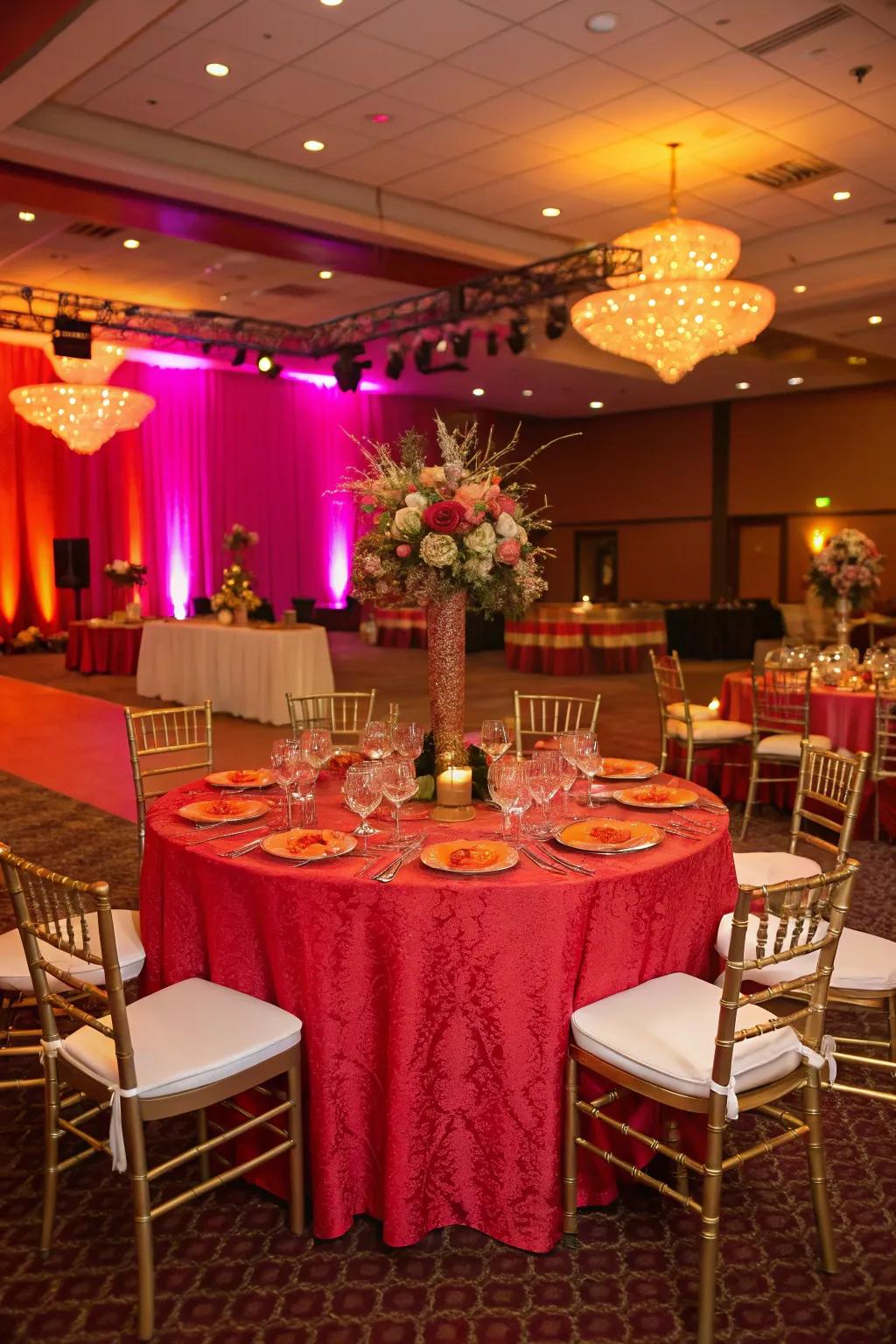 Striking tablecloth making a bold statement at a wedding.