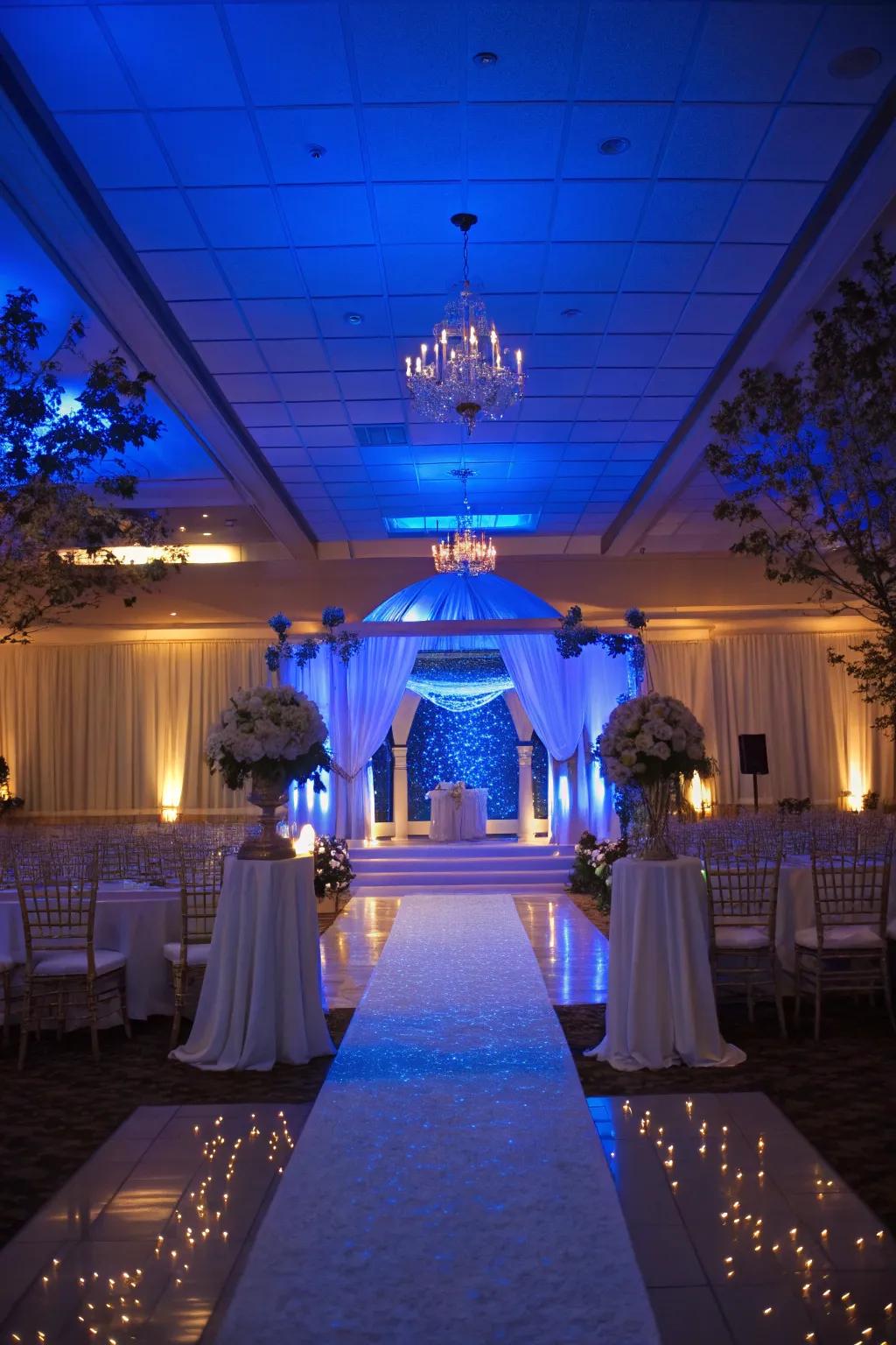 Romantic atmosphere enhanced with royal blue lighting.