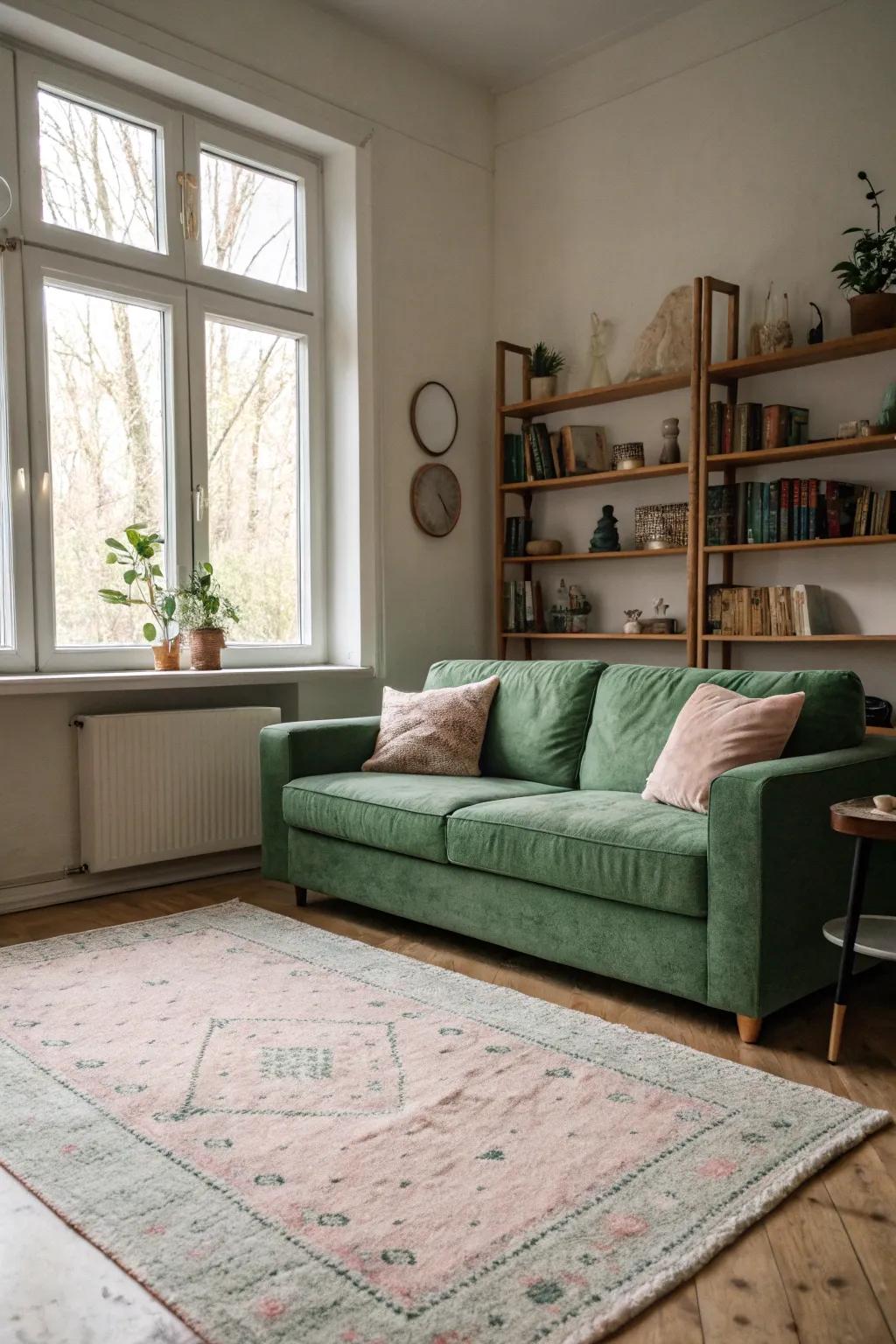 Delicate shades assuage the boldness of a verdant couch for a tranquil effect.