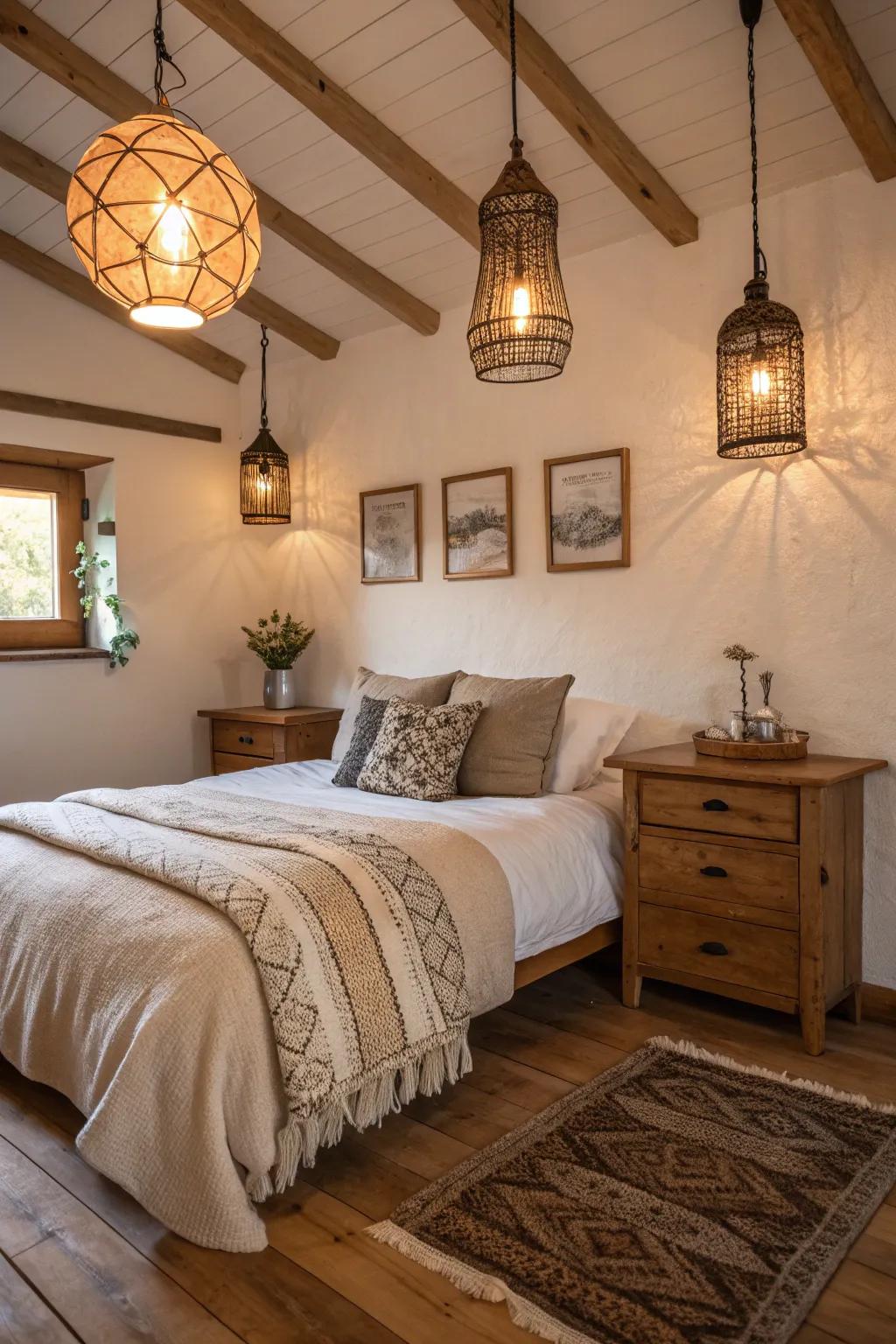 Countryside lighting adds warmth to this bedroom.
