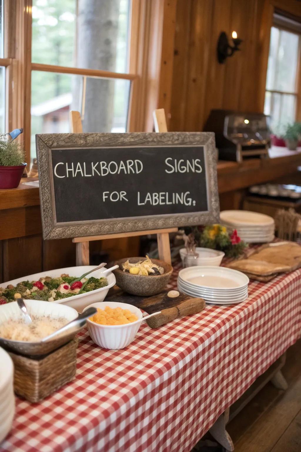 Chalkboard signs add a playful and functional element to the sideboard.