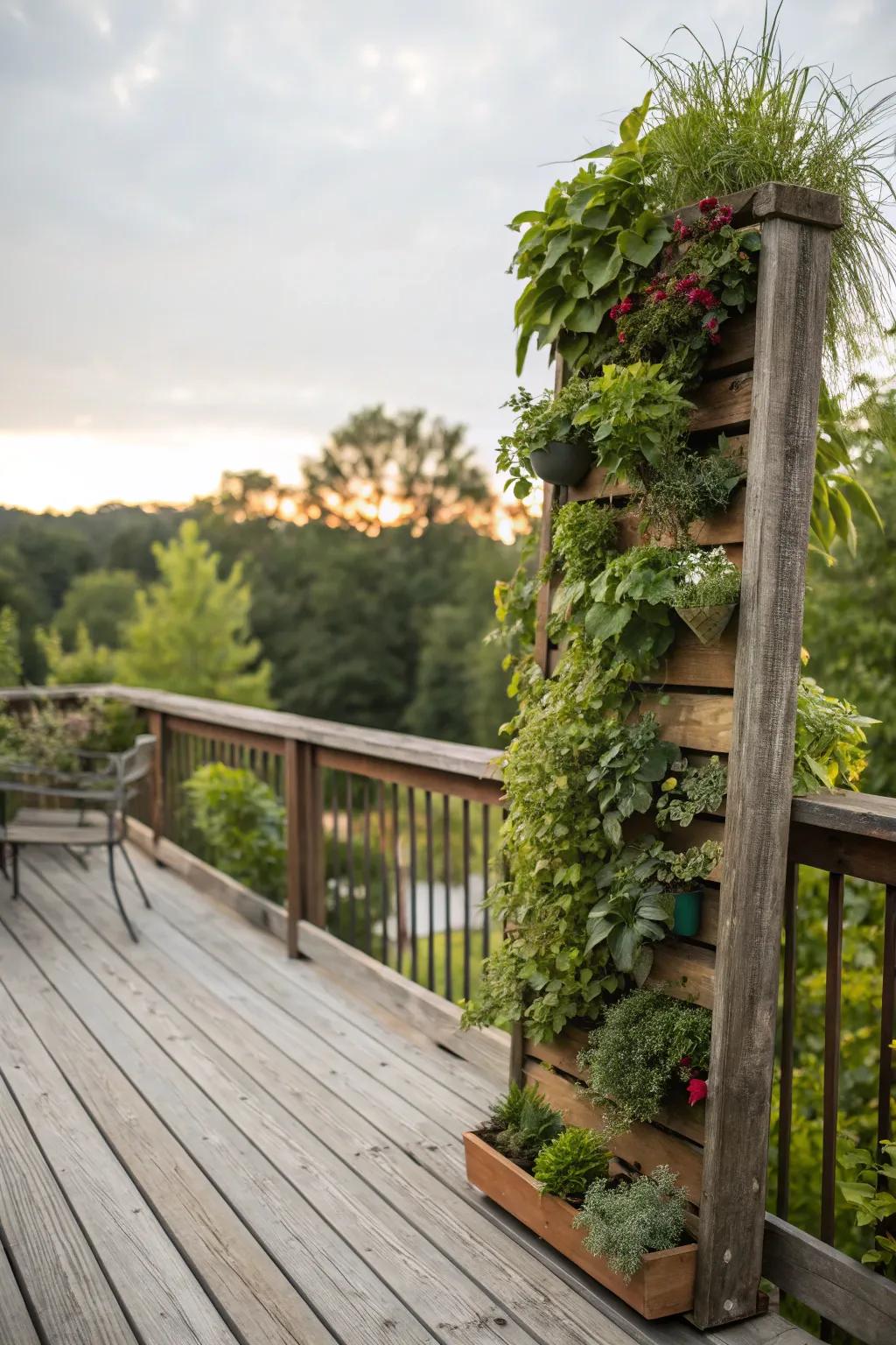 Living walls introduce greenery and seclusion to this countryside deck.