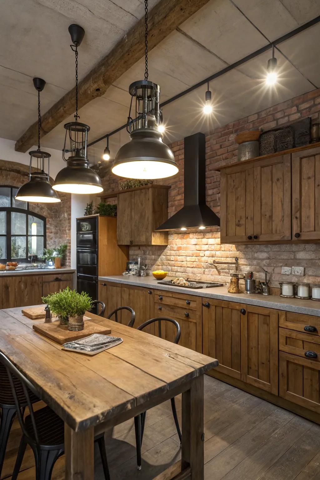 A kitchen blending countryside appeal with industrial illumination.