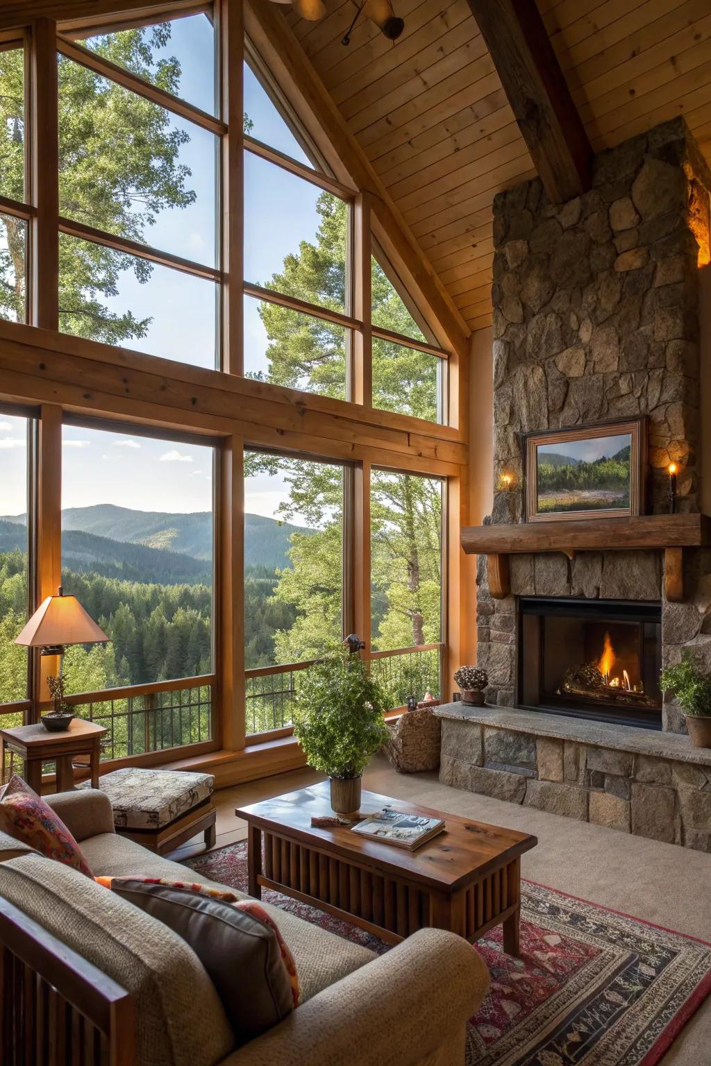 Interior-exterior harmony is realized with this country-style fireplace design.