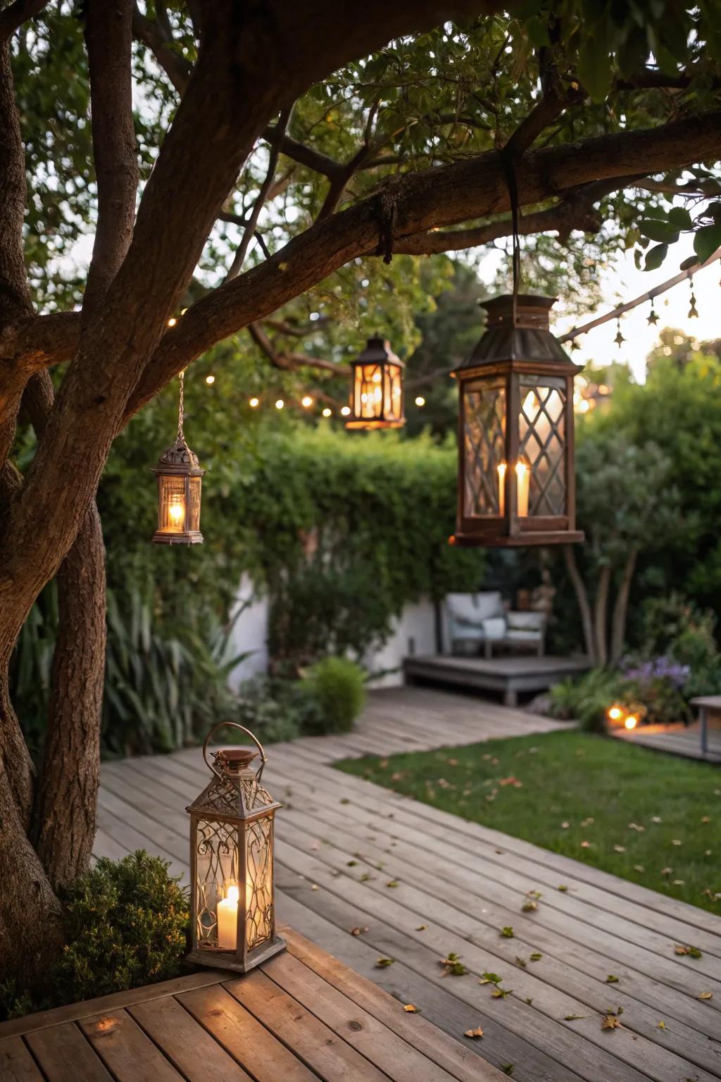 Outdoor lanterns fashion an enchanting ambiance on this patio.