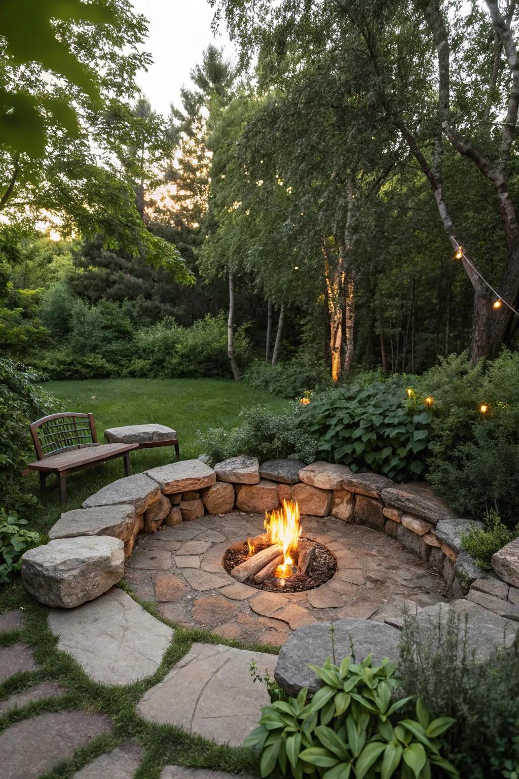 Natural rock seating makes a welcoming fire pit area.